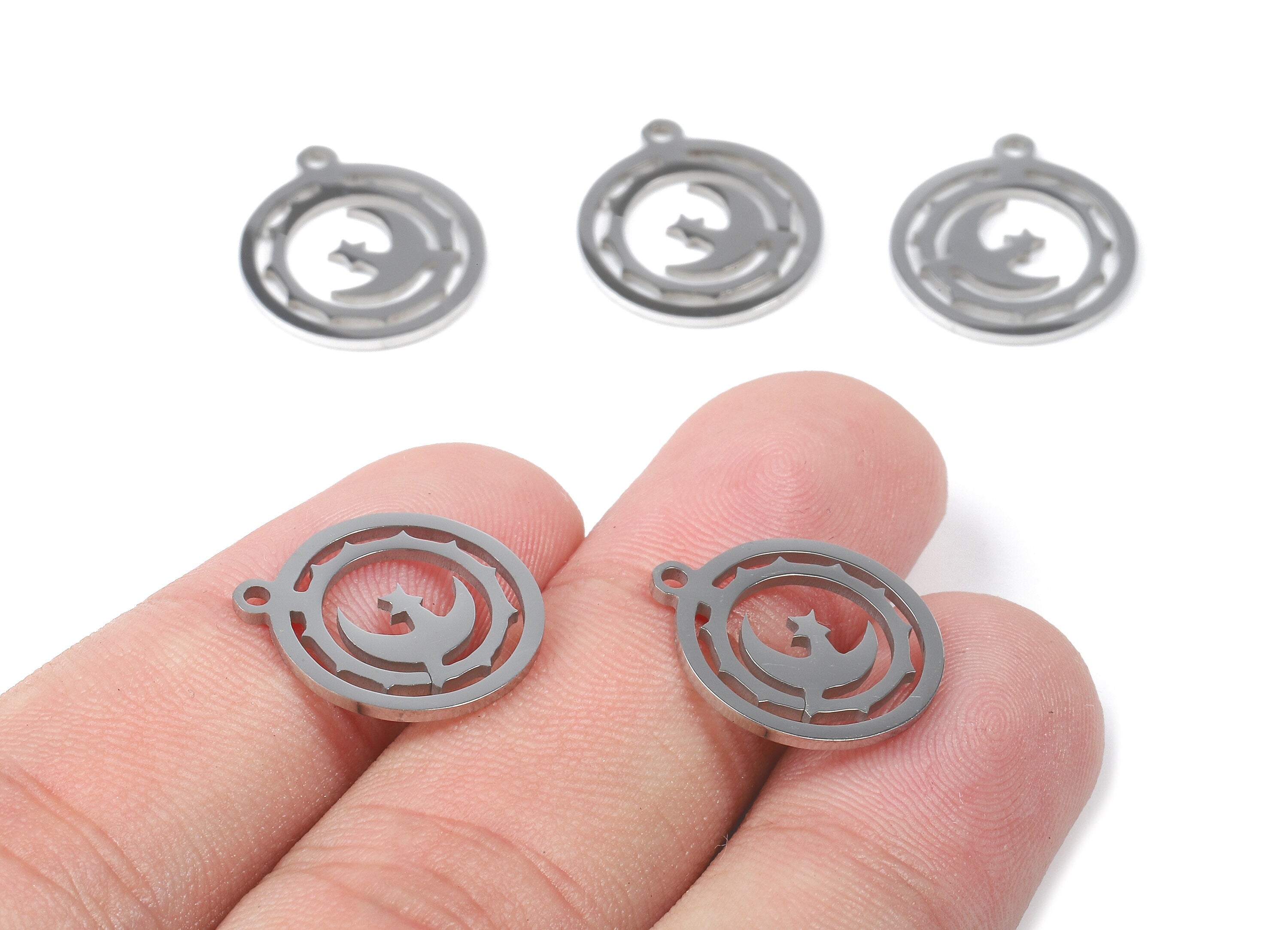 Stainless Steel Moon Charms - Moon in Circle - Circle Earrings and Pendant - Bracelet Pendant - 17.46x15.36x0.93mm - SS1040 - DOMEDBAZAAR