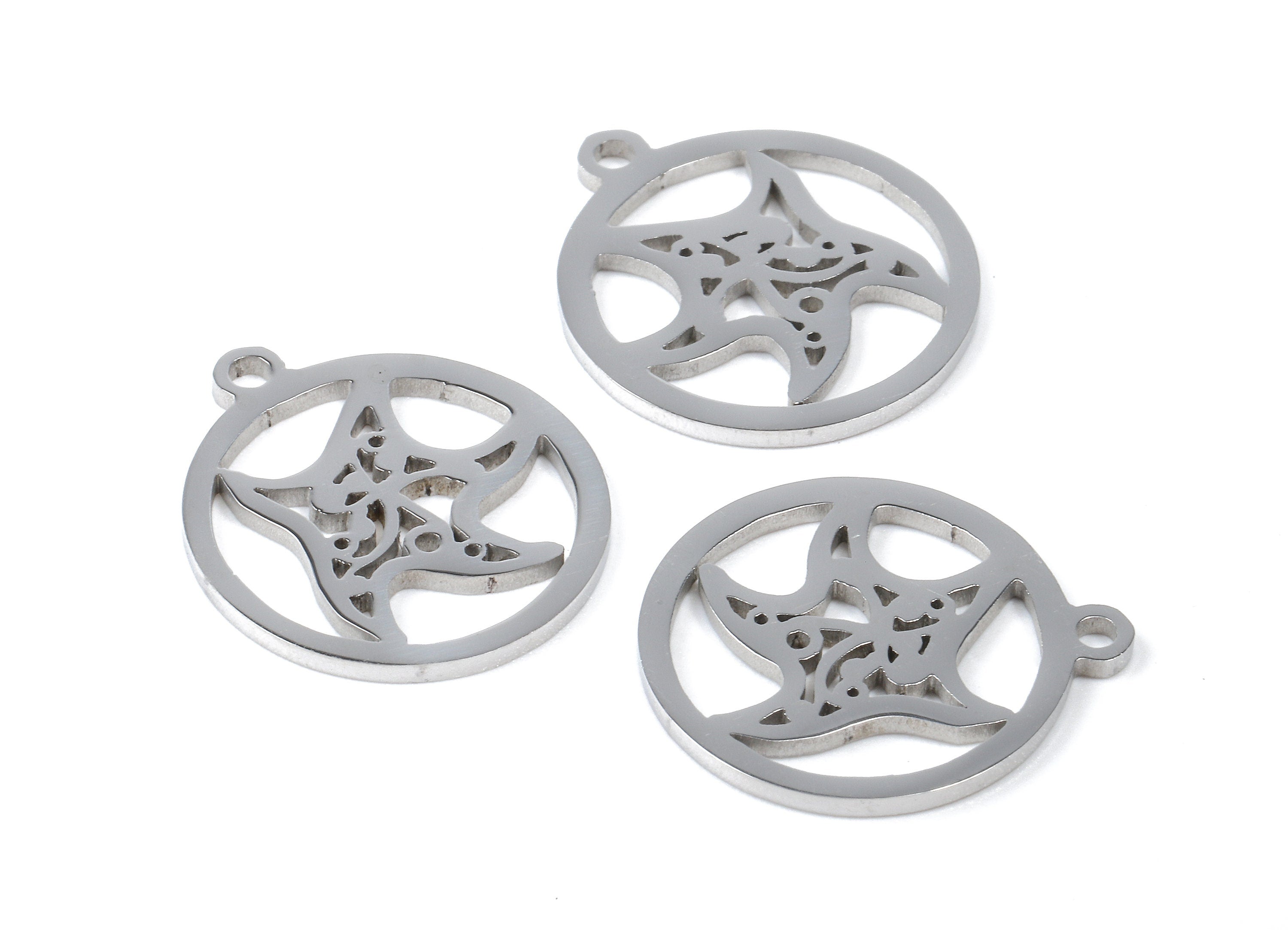 Stainless Steel Starfish Charms - Starfish in Circle - Circle Earrings and Pendant - Bracelet Pendant - 17.44x15.4x0.92mm - SS1032 - DOMEDBAZAAR