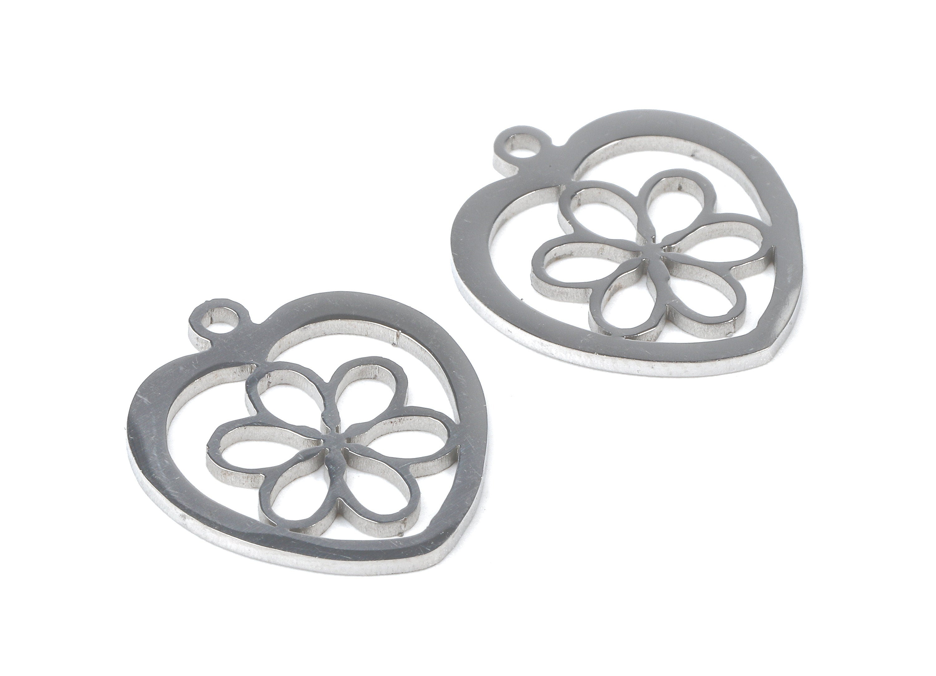Stainless Steel Flower Charms - Flower in Heart - Heart Earrings and Pendant - Bracelet Pendant - 17.67x15.66x0.93mm - SS1036 - DOMEDBAZAAR