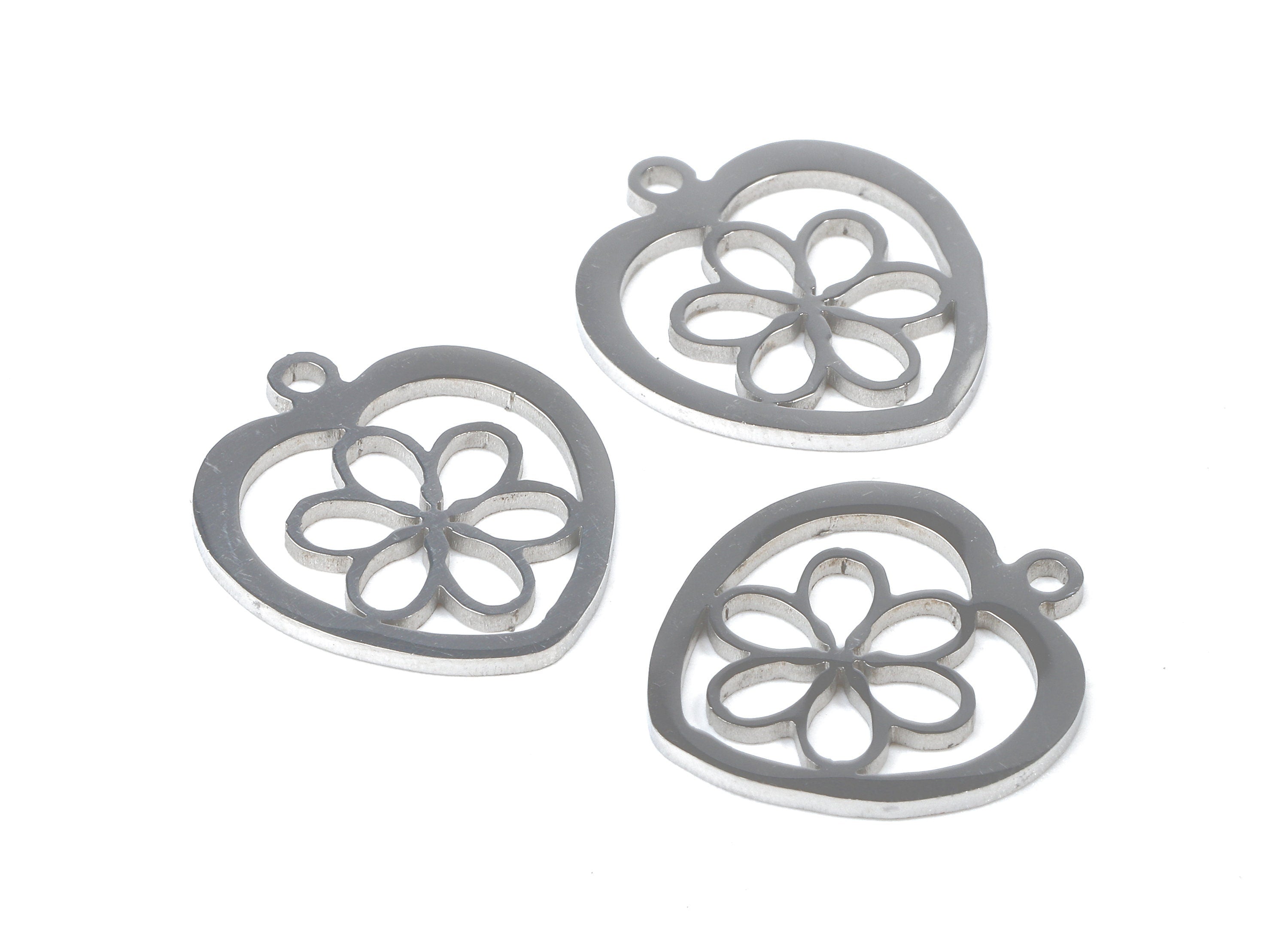 Stainless Steel Flower Charms - Flower in Heart - Heart Earrings and Pendant - Bracelet Pendant - 17.67x15.66x0.93mm - SS1036 - DOMEDBAZAAR