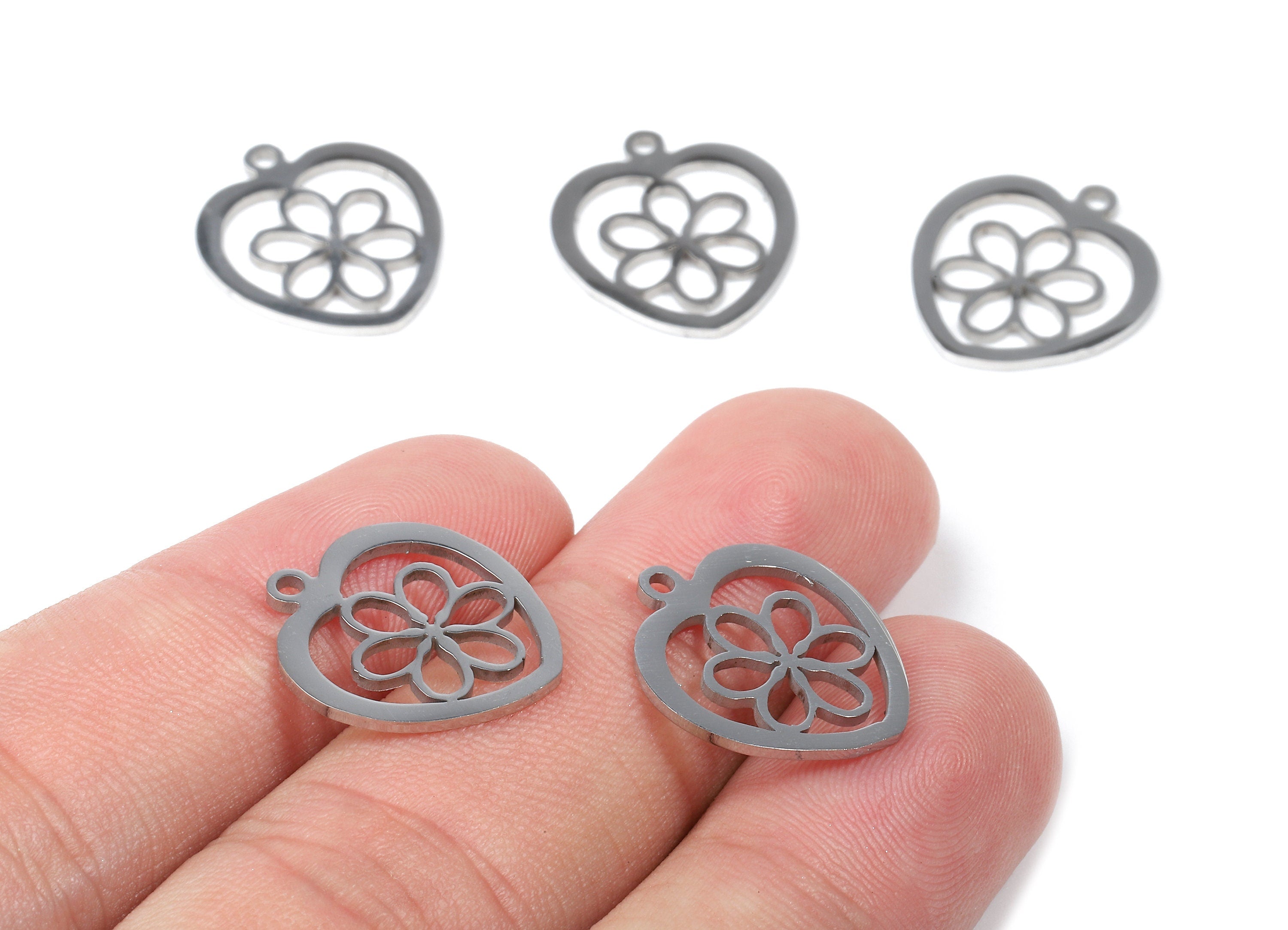 Stainless Steel Flower Charms - Flower in Heart - Heart Earrings and Pendant - Bracelet Pendant - 17.67x15.66x0.93mm - SS1036 - DOMEDBAZAAR
