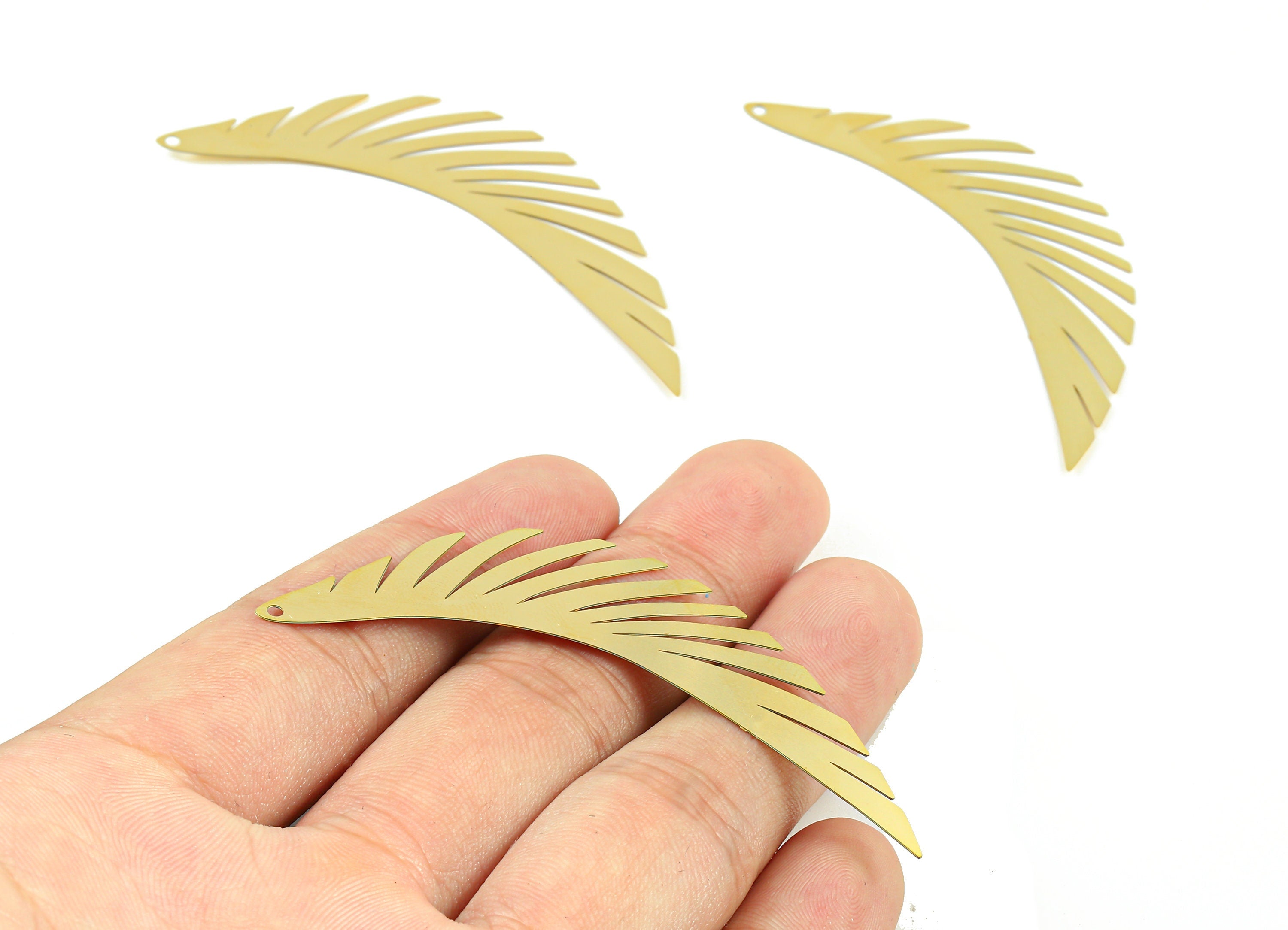 Brass Feather Charms - Raw Brass Feather Earrings and Pendant - Brass Necklace Charms - Jewelry Supplies - 68.62x16.67x0.29mm - JJB5734 - DOMEDBAZAAR