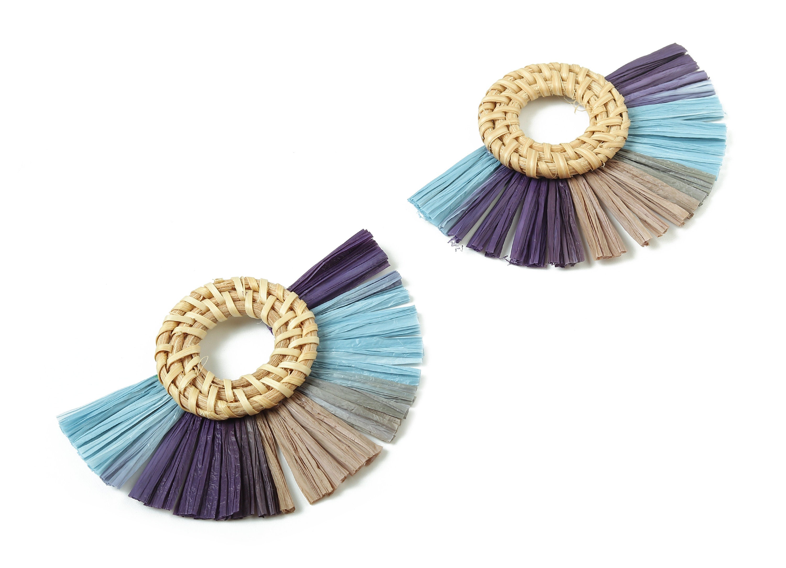 Rattan Raffia Tassel Round Charms - Circle Earrings with Fan Tassels - Handmade Rattan - Woven Earrings - 75.58x56.04x6.11mm - RT1344 - DOMEDBAZAAR