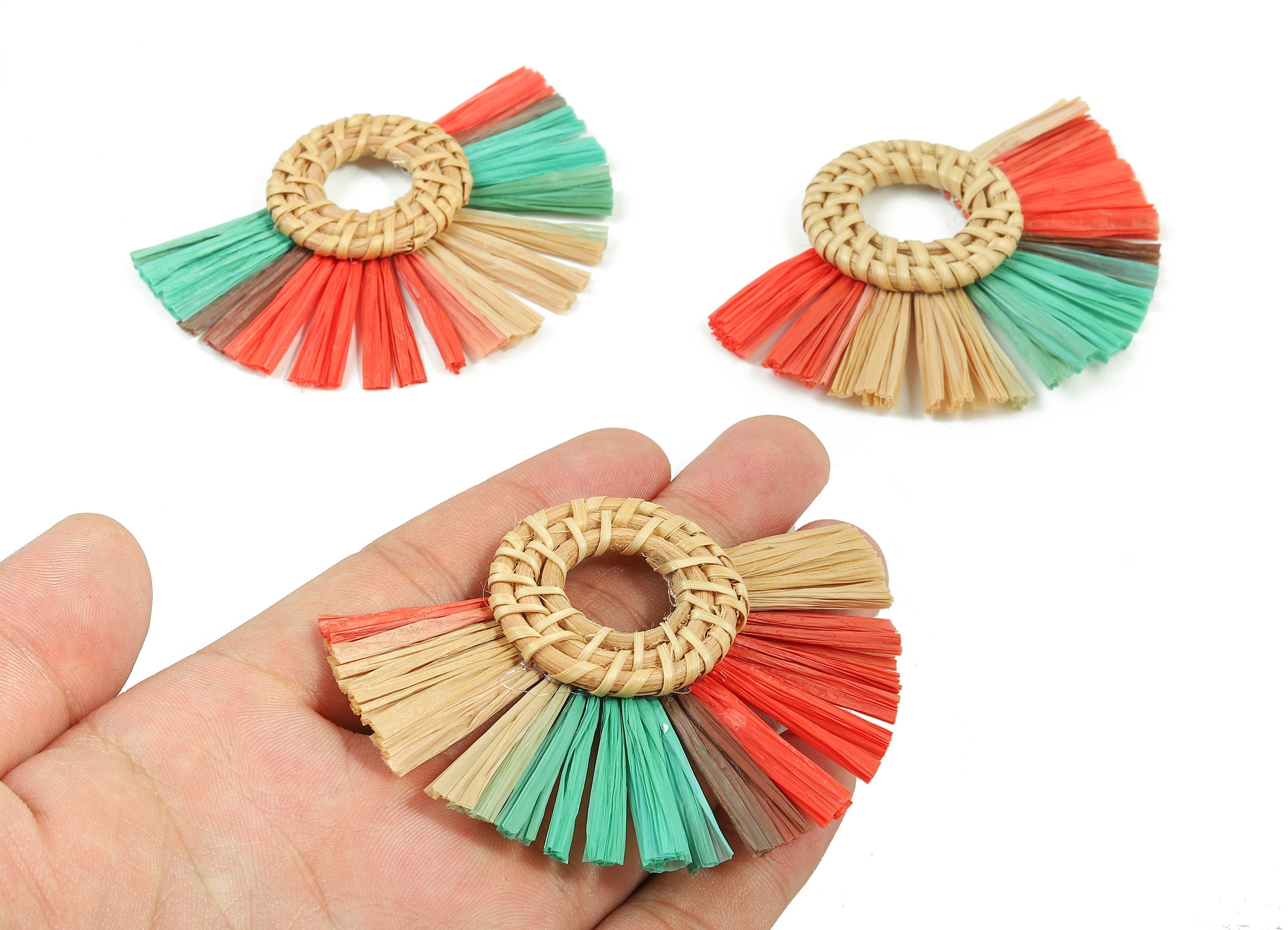 Rattan Raffia Tassel Round Charms - Circle Earrings with Fan Tassels - Handmade Rattan - Woven Earrings - 75.58x56.04x6.11mm - RT1345 - DOMEDBAZAAR