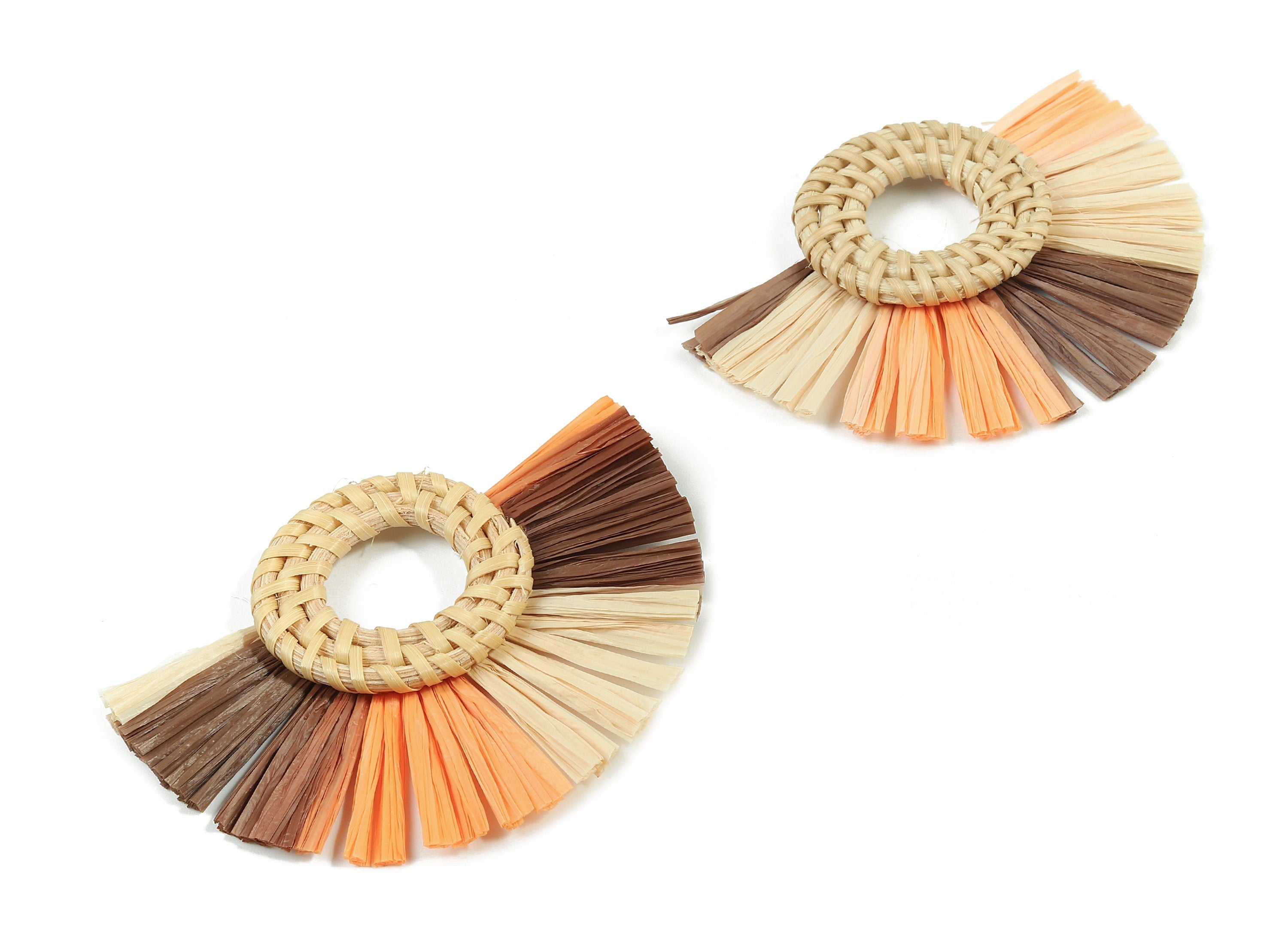 Rattan Raffia Tassel Round Charms - Circle Earrings with Fan Tassels - Handmade Rattan - Woven Earrings - 75.58x56.04x6.11mm - RT1346 - DOMEDBAZAAR