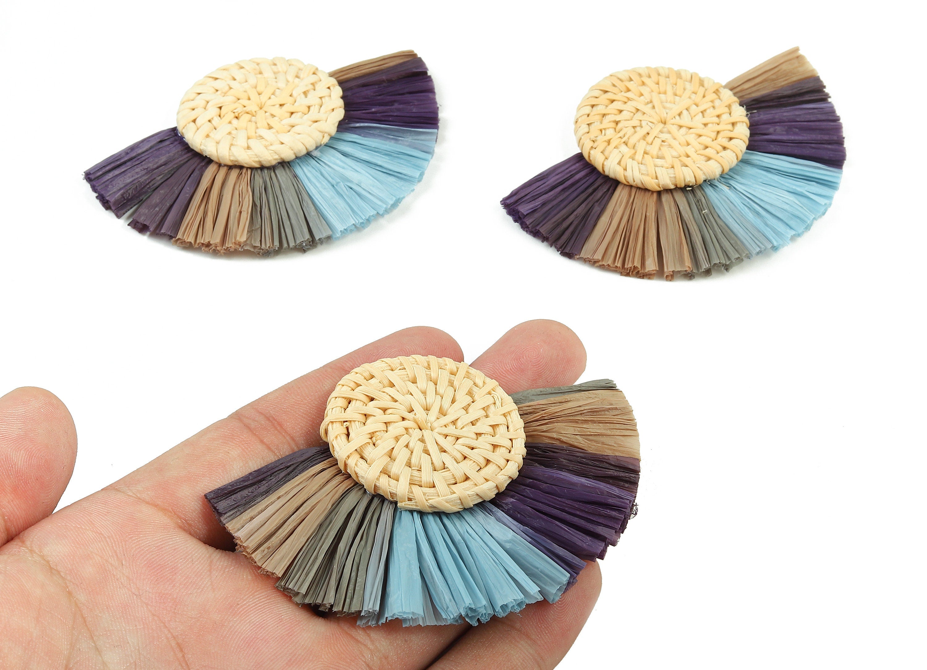 Rattan Raffia Tassel Round Charms - Circle Earrings with Fan Tassels - Handmade Rattan - Woven Earrings - 80.38x57.23x7.17mm - RT1349 - DOMEDBAZAAR
