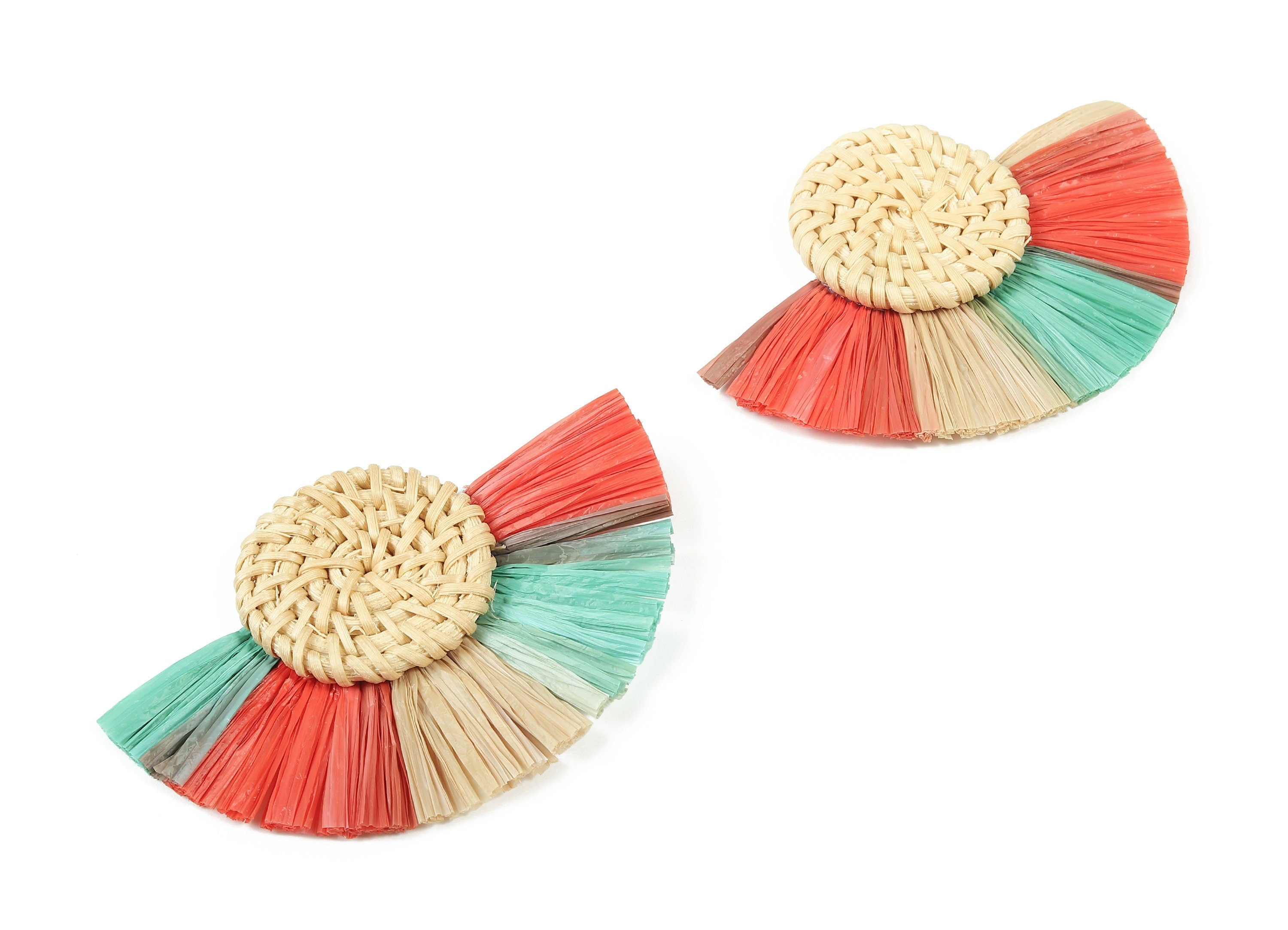 Rattan Raffia Tassel Round Charms - Circle Earrings with Fan Tassels - Handmade Rattan - Woven Earrings - 80.38x57.23x7.17mm - RT1348 - DOMEDBAZAAR