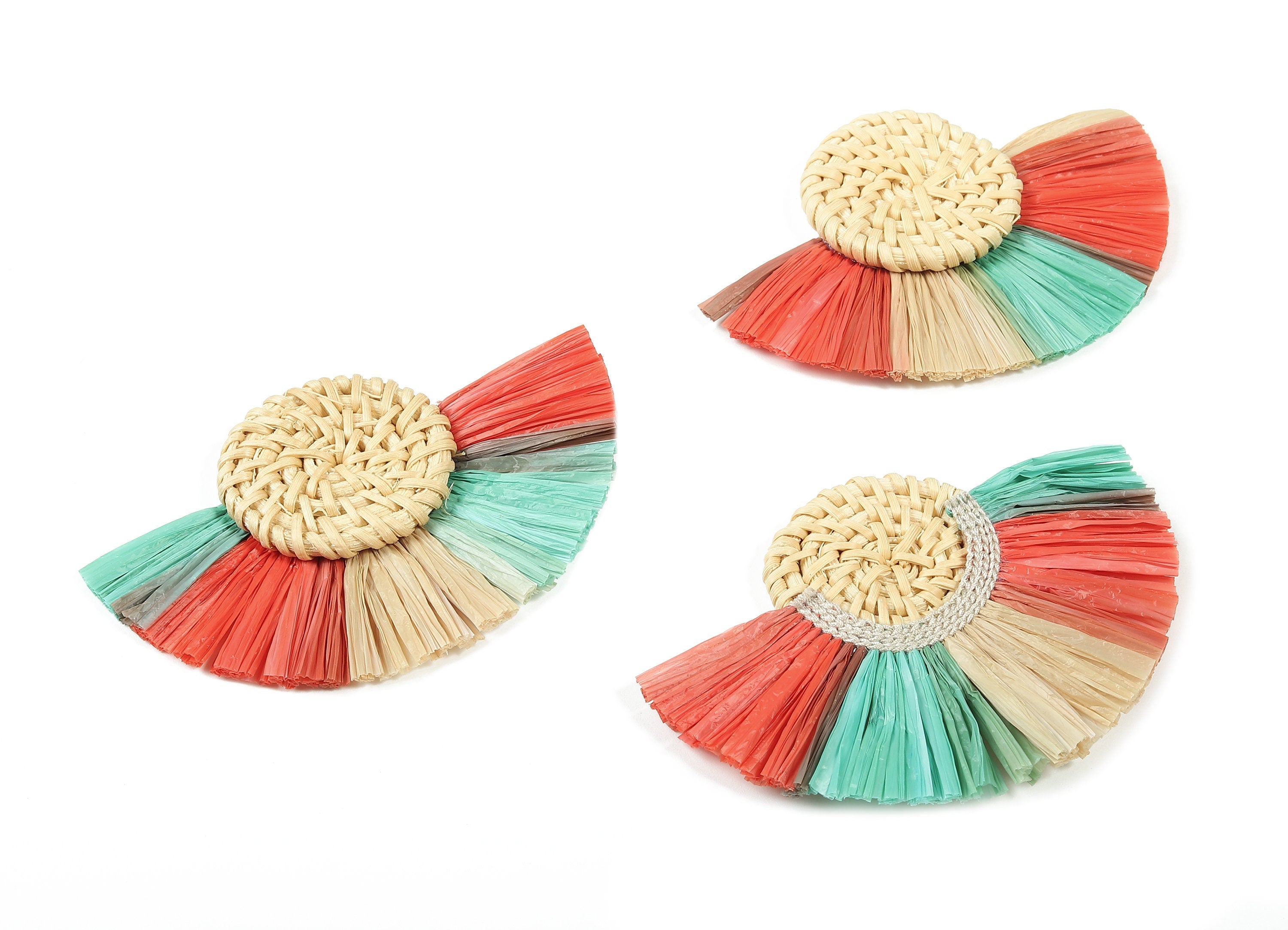 Rattan Raffia Tassel Round Charms - Circle Earrings with Fan Tassels - Handmade Rattan - Woven Earrings - 80.38x57.23x7.17mm - RT1348 - DOMEDBAZAAR