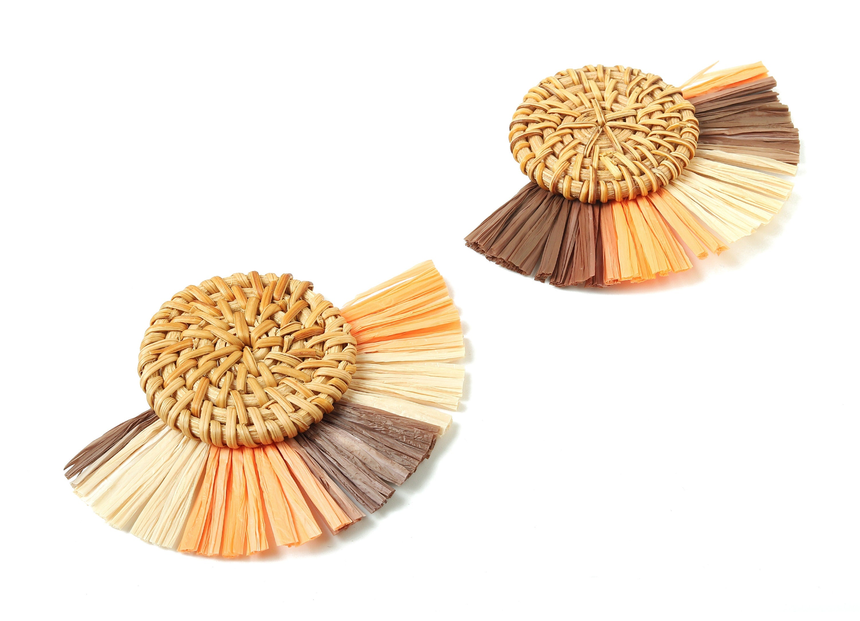 Rattan Raffia Tassel Round Charms - Circle Earrings with Fan Tassels - Handmade Rattan - Woven Earrings - 82.9x60.58x6.72mm - RT1337 - DOMEDBAZAAR