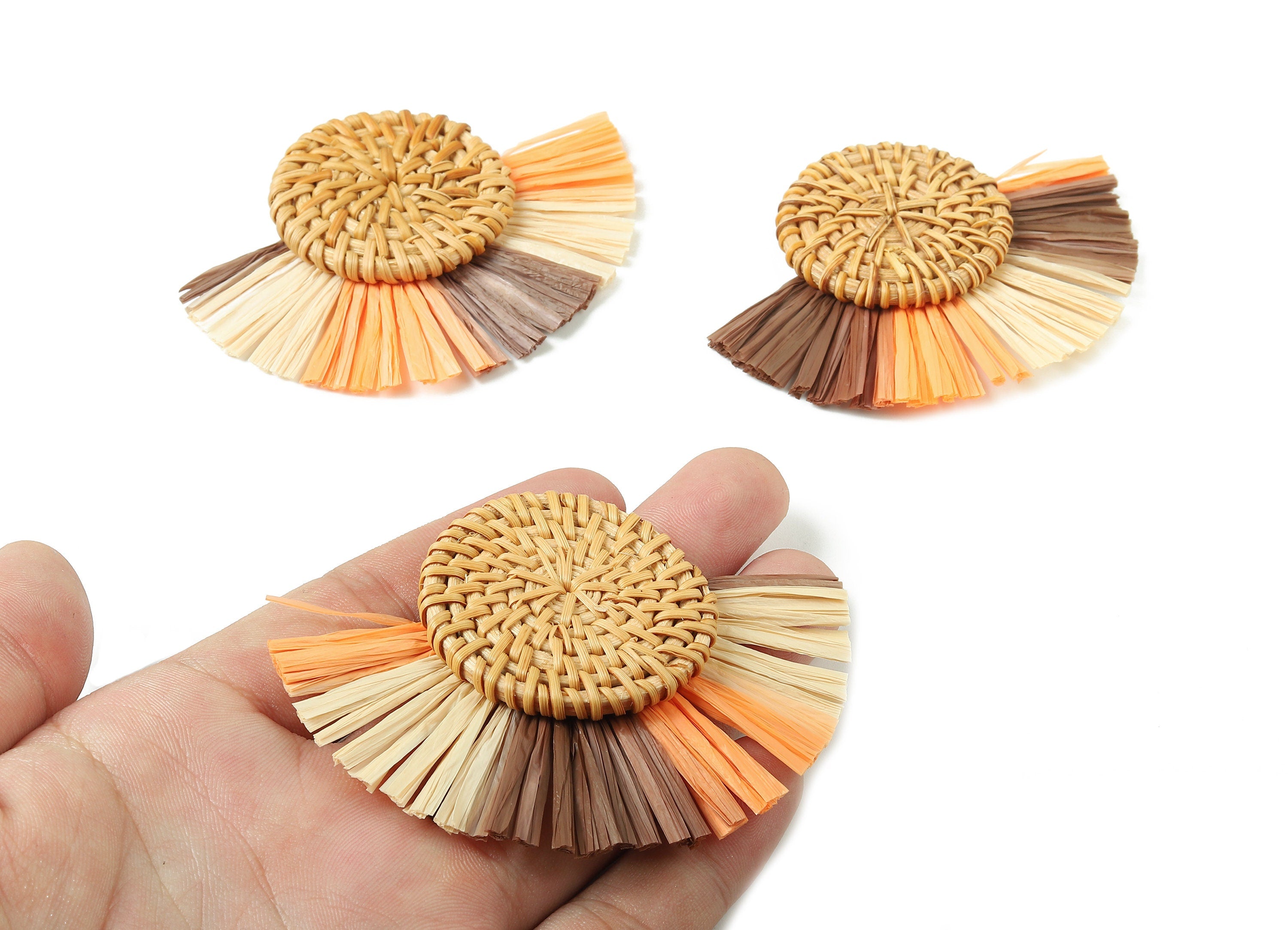 Rattan Raffia Tassel Round Charms - Circle Earrings with Fan Tassels - Handmade Rattan - Woven Earrings - 82.9x60.58x6.72mm - RT1337 - DOMEDBAZAAR