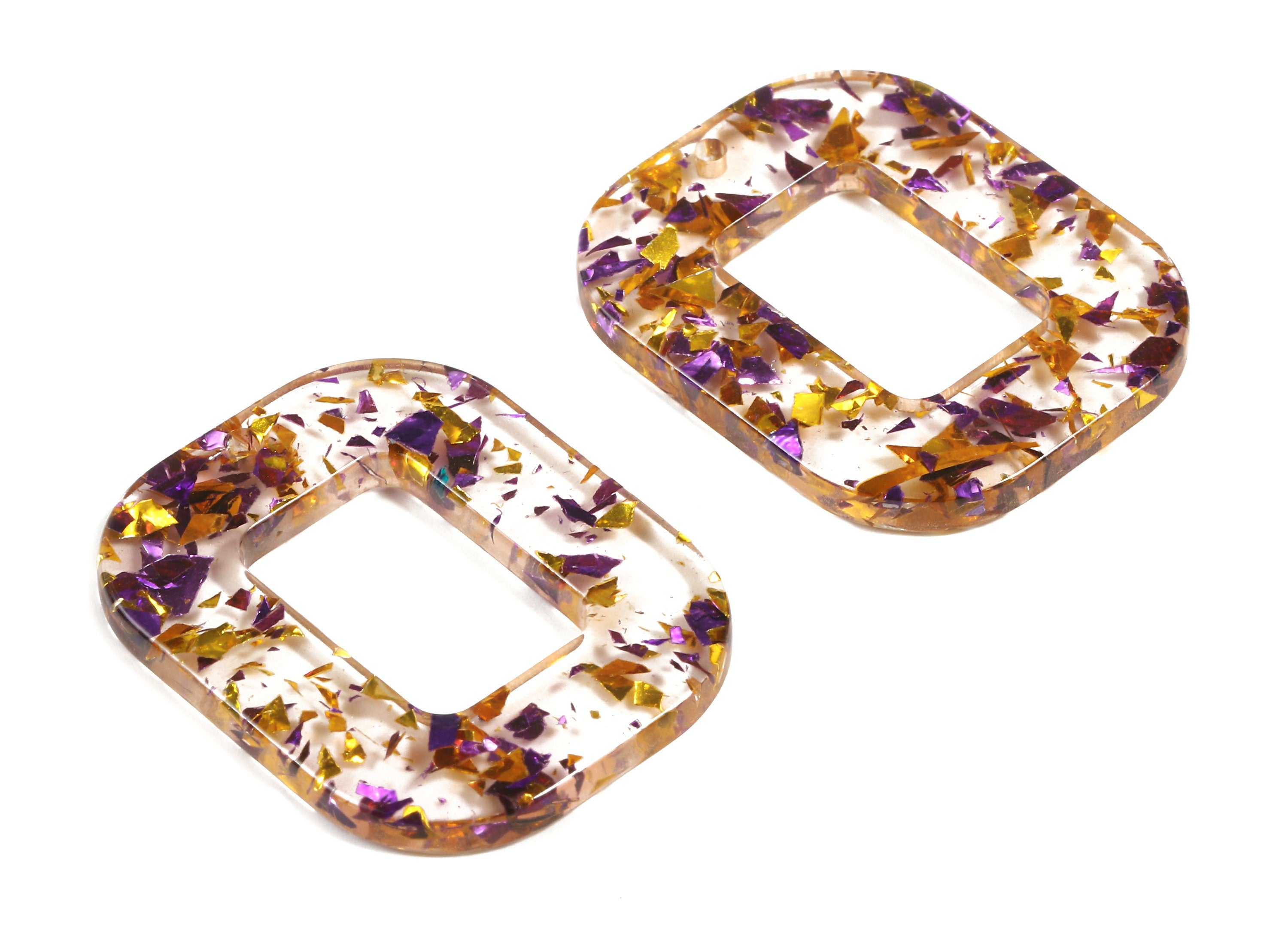 Acetate Rectangle Charms - Rectangle Earrings and Pendant - Purple & Gold Confetti - Color Code: A388 - 32.4x26.5x2.47mm - AC1080-A388 - DOMEDBAZAAR