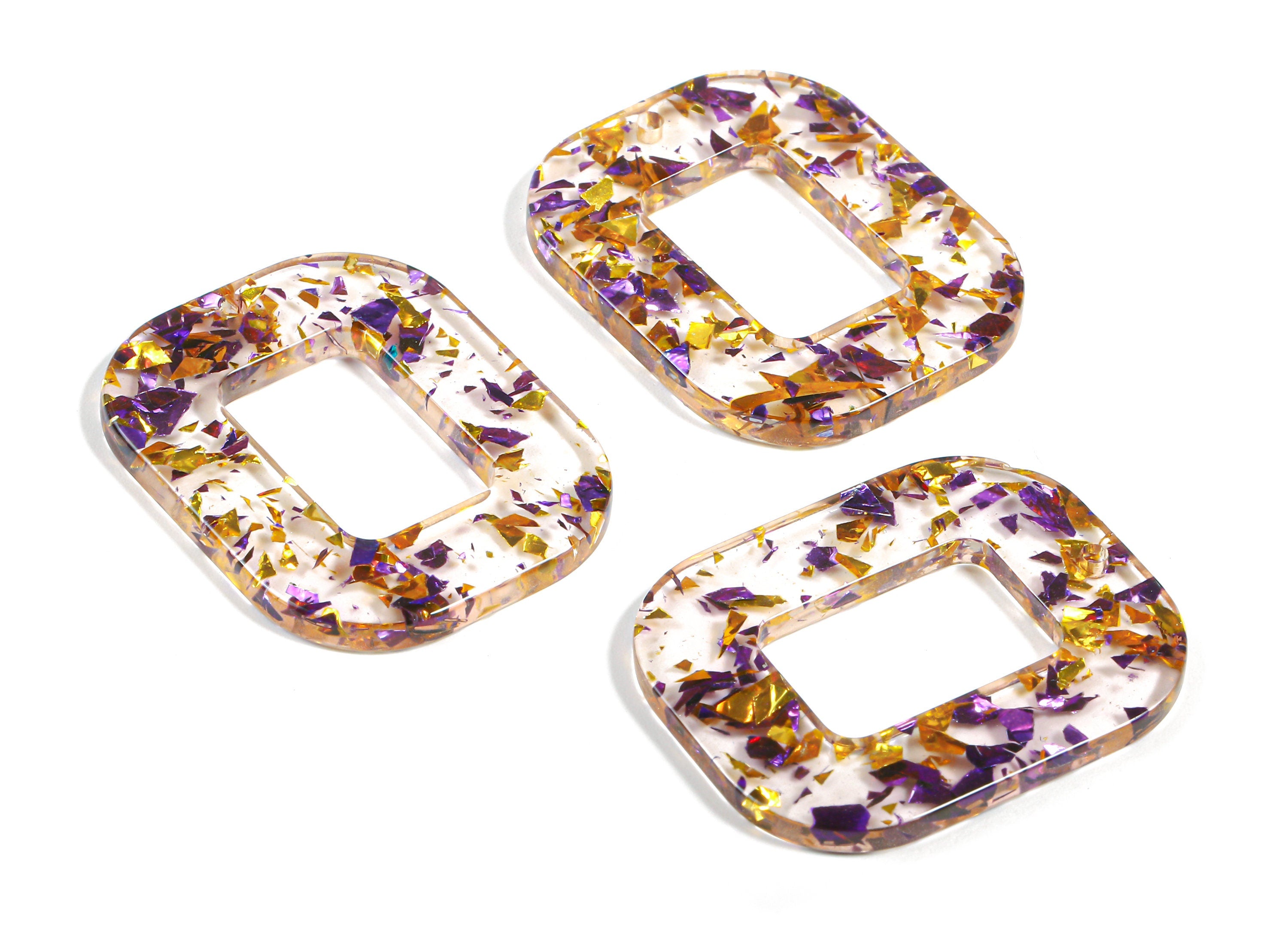 Acetate Rectangle Charms - Rectangle Earrings and Pendant - Purple & Gold Confetti - Color Code: A388 - 32.4x26.5x2.47mm - AC1080-A388 - DOMEDBAZAAR