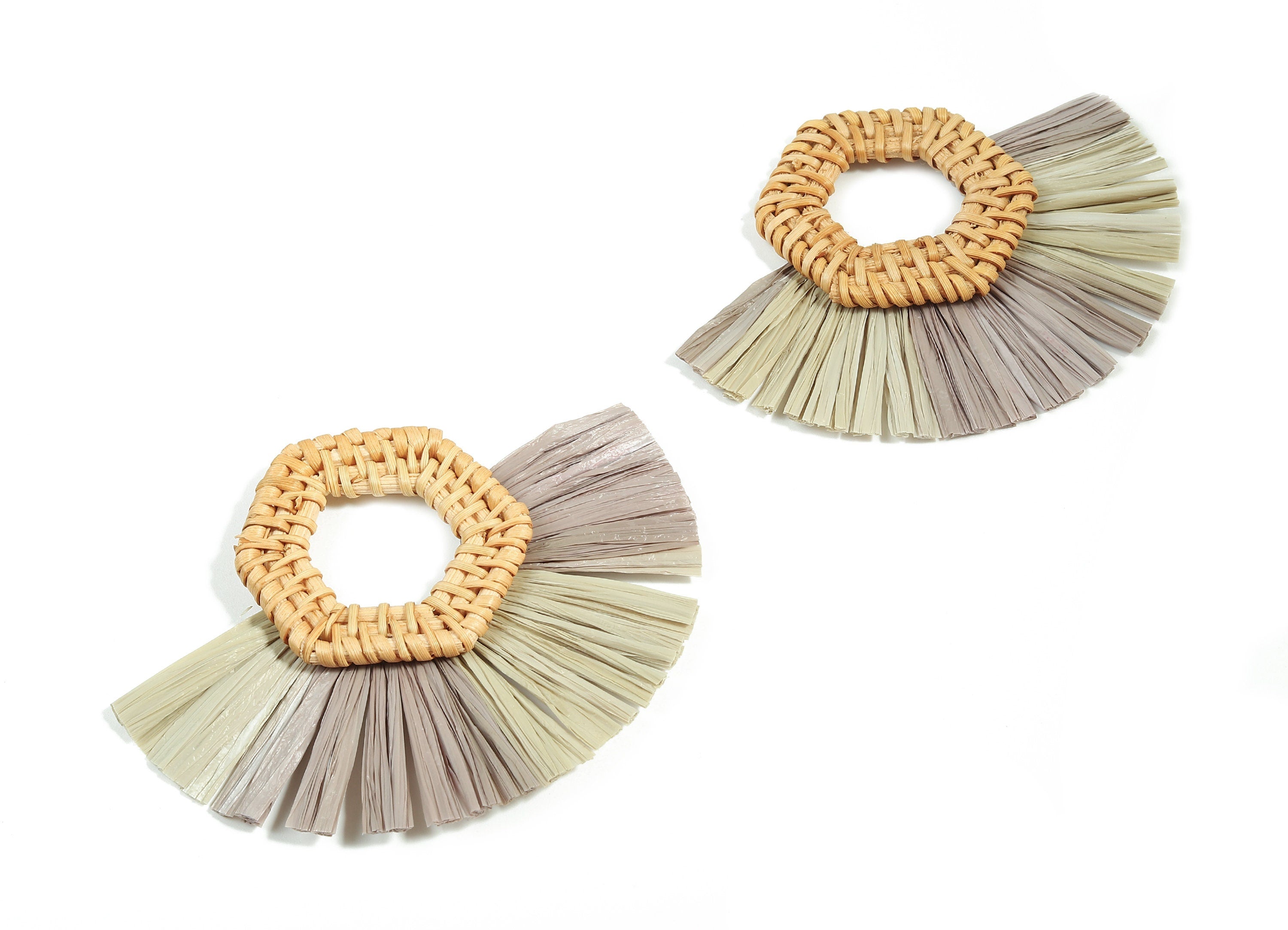 Rattan Raffia Tassel Hexagon Charms - Hexagon Earrings with Fan Tassels - Handmade Rattan - Woven Earrings - 88.13x67.23x6.3mm - RT1335 - DOMEDBAZAAR