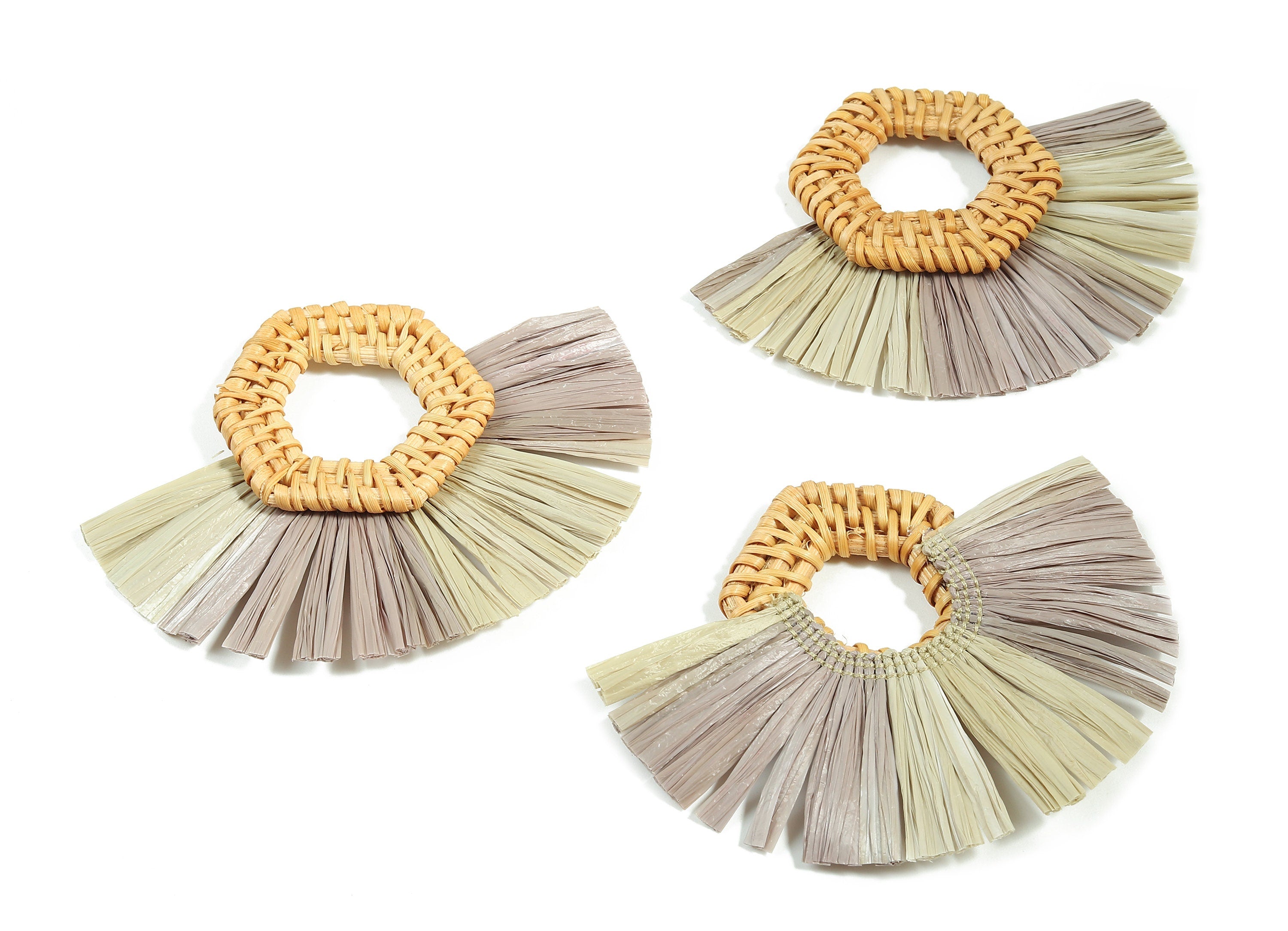 Rattan Raffia Tassel Hexagon Charms - Hexagon Earrings with Fan Tassels - Handmade Rattan - Woven Earrings - 88.13x67.23x6.3mm - RT1335 - DOMEDBAZAAR