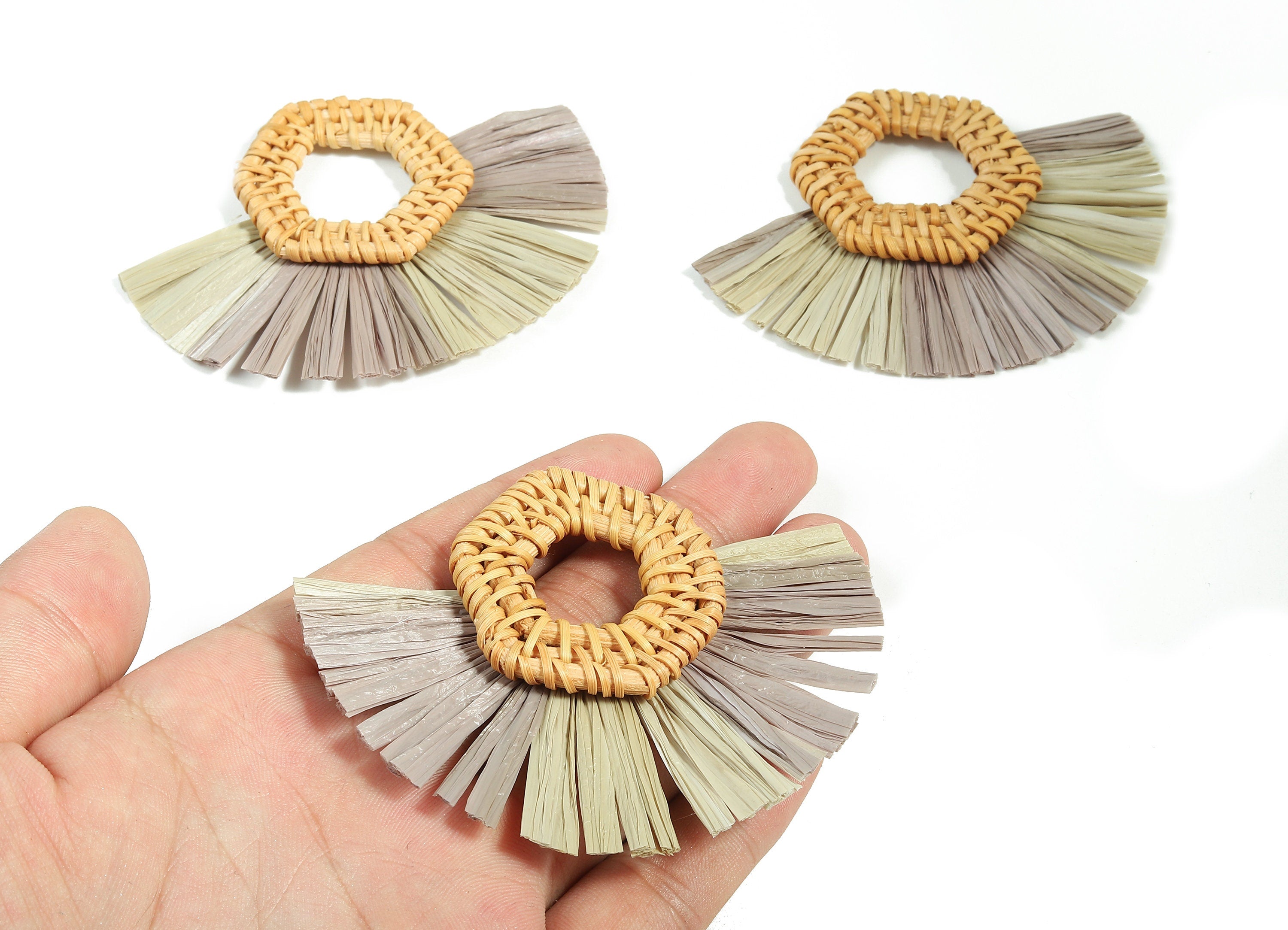 Rattan Raffia Tassel Hexagon Charms - Hexagon Earrings with Fan Tassels - Handmade Rattan - Woven Earrings - 88.13x67.23x6.3mm - RT1335 - DOMEDBAZAAR
