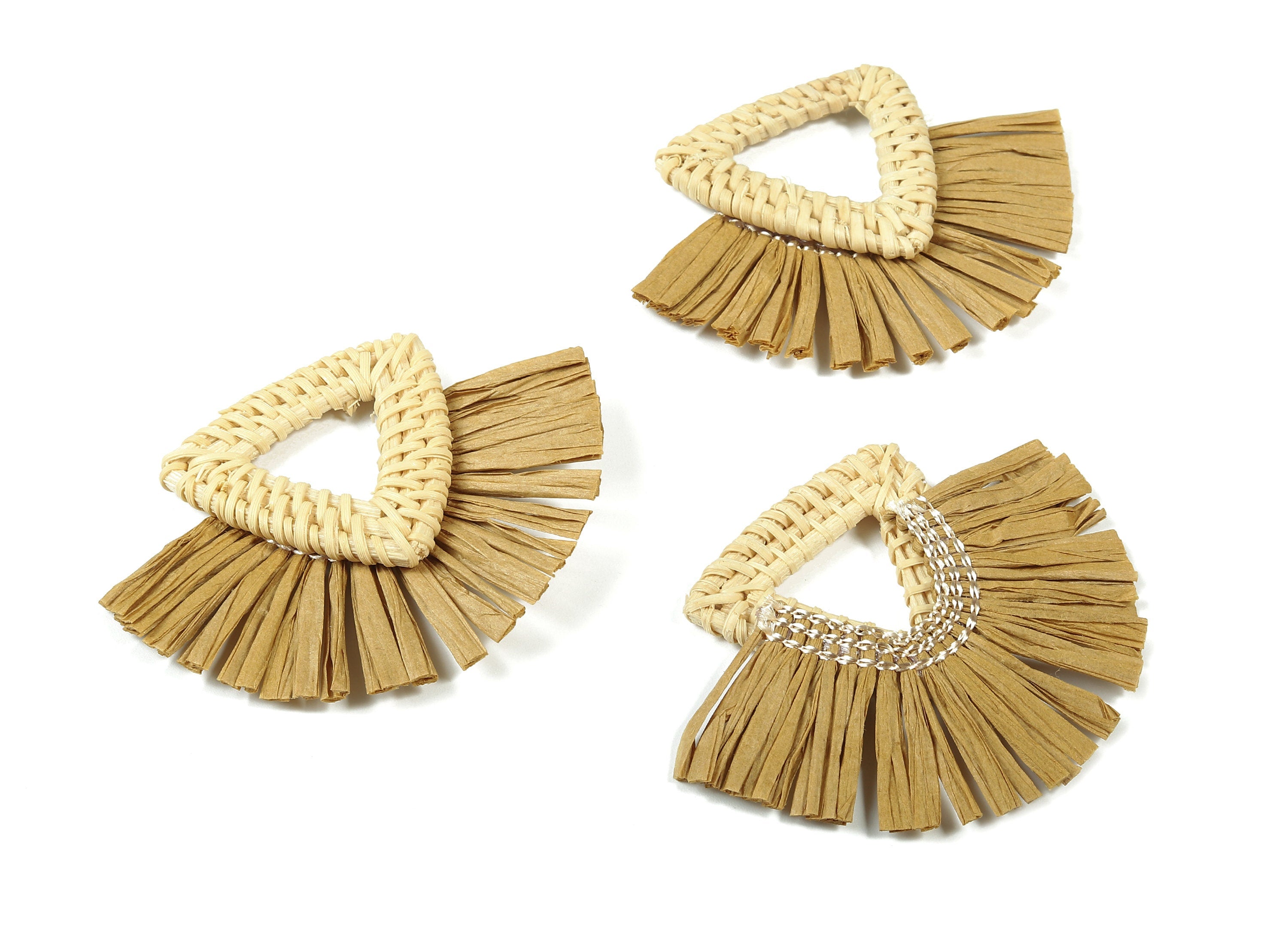 Rattan Raffia Tassel Triangle Charms - Triangle Earrings with Fan Tassels - Handmade Rattan - Woven Earrings - 73.18x57.07x5.92mm - RT1334 - DOMEDBAZAAR