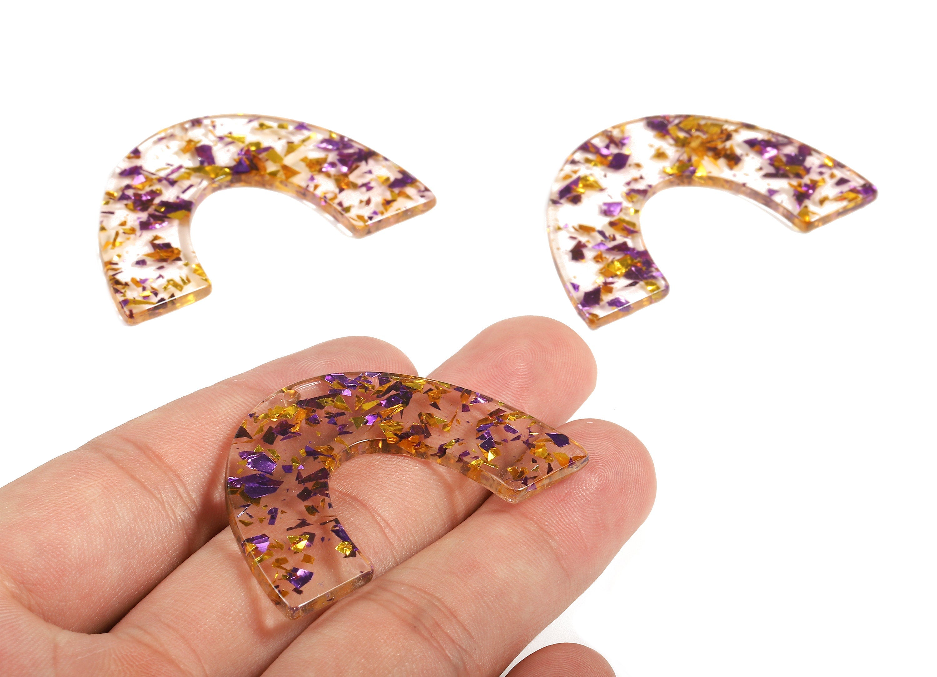 Acetate Large Arch Earring Charms - U Pendant - Purple & Gold Confetti - Earring Findings - Color Code: A388 - 47.71x30x2.72mm - AC1095-A388 - DOMEDBAZAAR