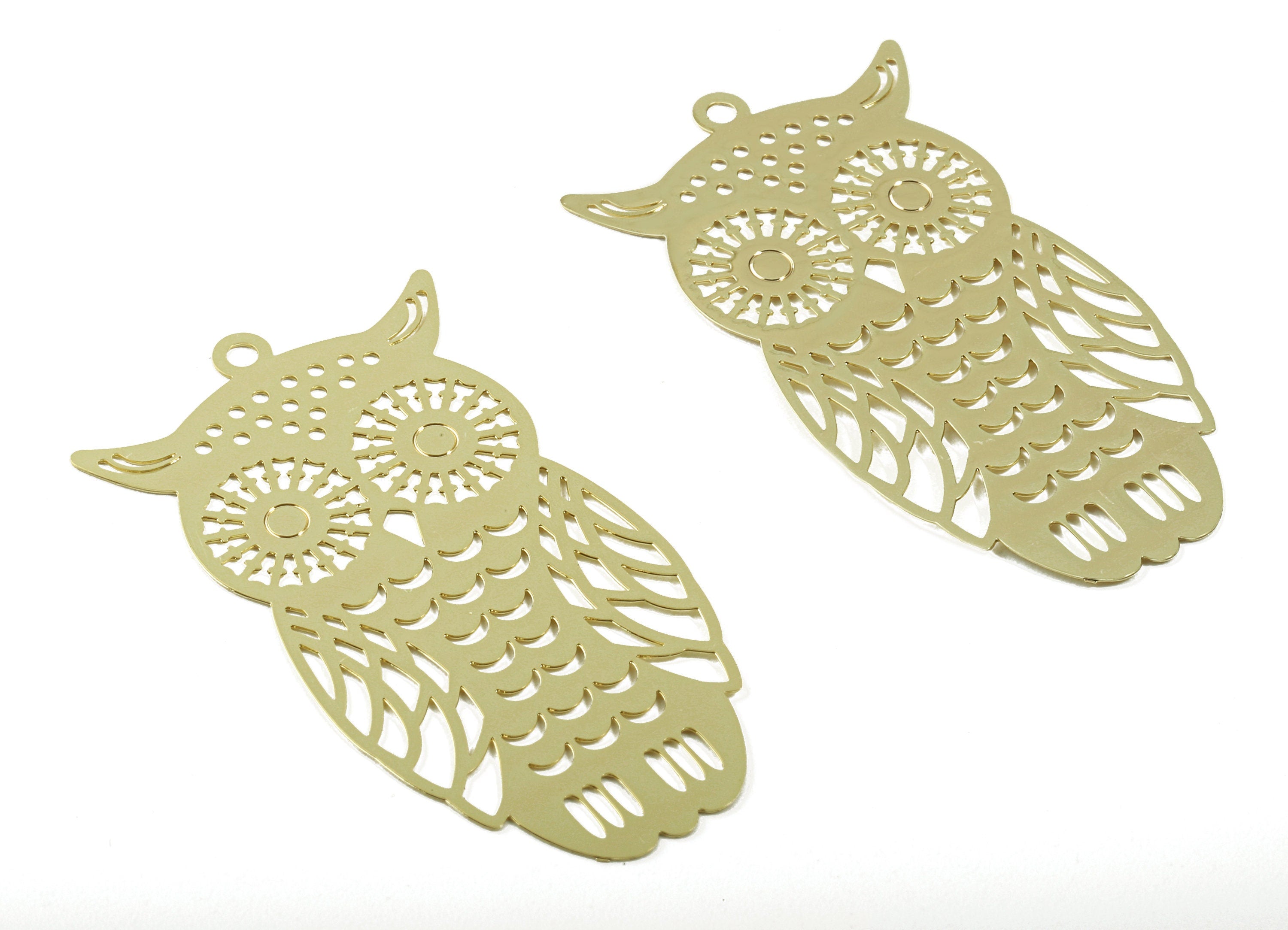 Brass Hoot Owl Charms - Raw Brass Hoot Owl Earrings and Pendant - Gold Tone Plated - Earring Finding - 46.37x25.96x0.34mm - PP2976 - DOMEDBAZAAR
