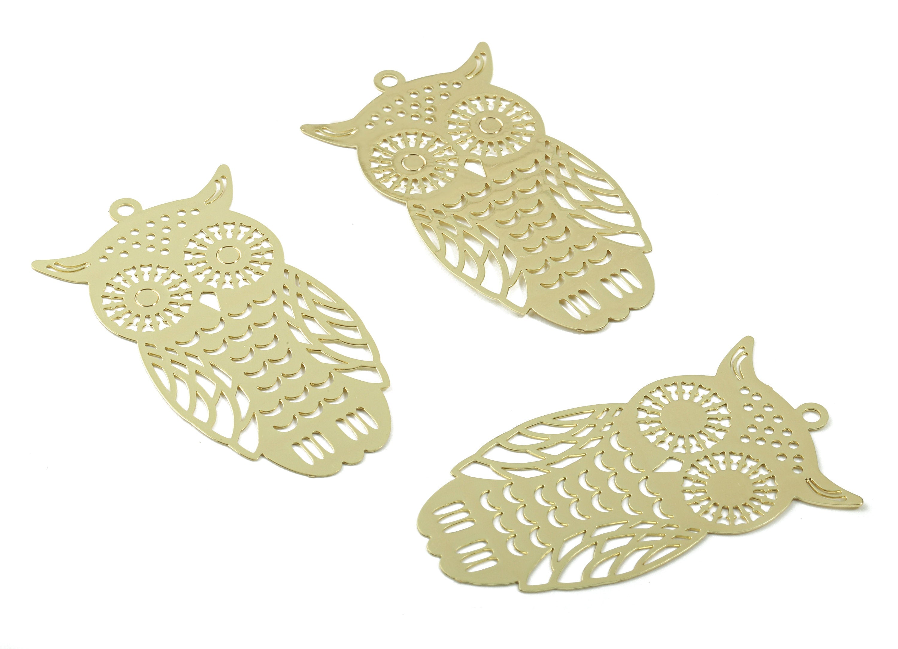 Brass Hoot Owl Charms - Raw Brass Hoot Owl Earrings and Pendant - Gold Tone Plated - Earring Finding - 46.37x25.96x0.34mm - PP2976 - DOMEDBAZAAR