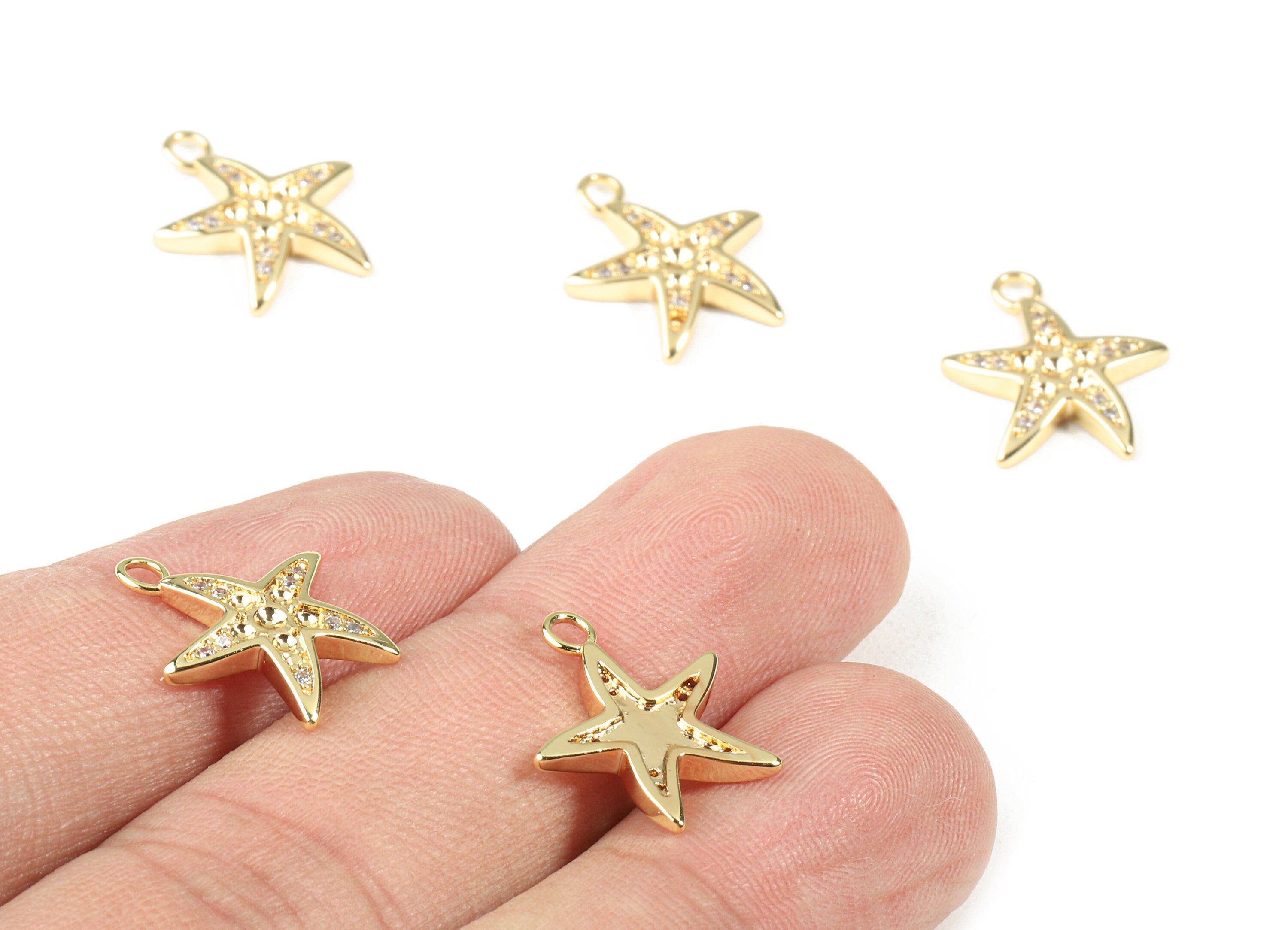 Brass Starfish Earring Charms With Glass - Brass Starfish Earring Pendant - 18k Real Gold Plating Brass - 15.45x13.44x2.11mm - RGP2281 - DOMEDBAZAAR
