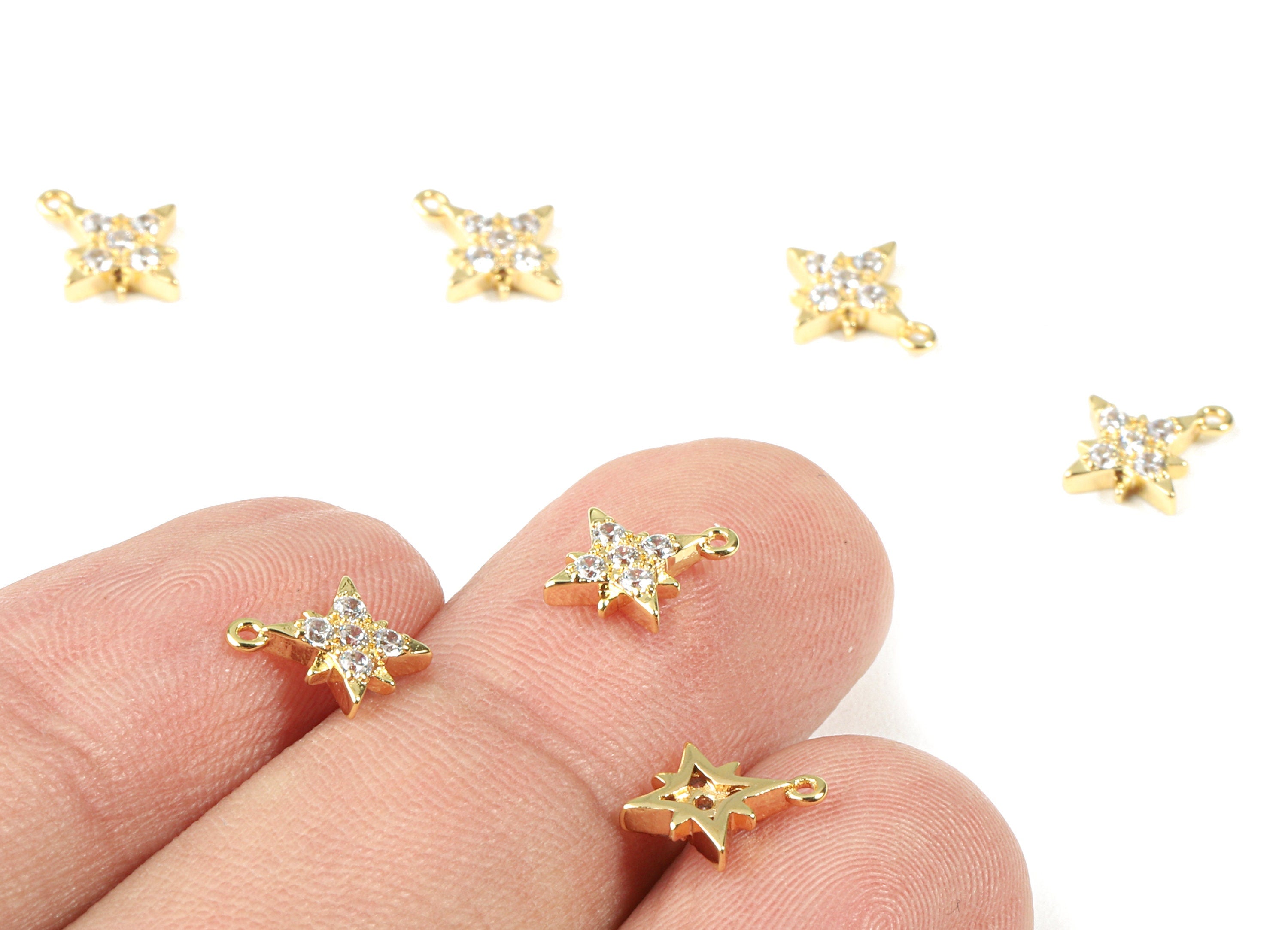 Brass Mini Star Earring Charms With Glass - Brass Mini Star Earring Bracelet - 18k Real Gold Plating Brass - 9.4x7.7x1.97mm - RGP2283 - DOMEDBAZAAR