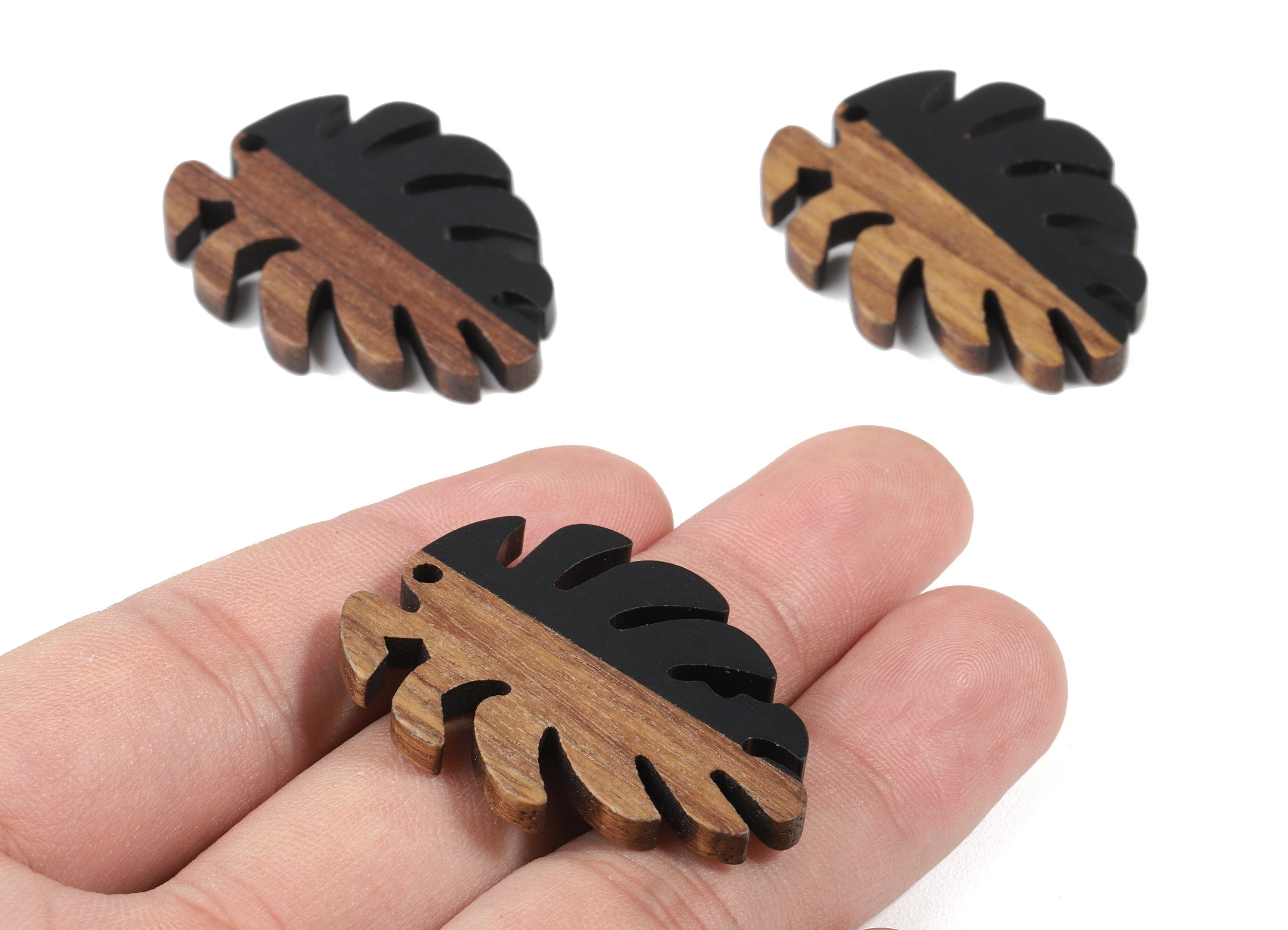 Epoxy Redwood Monstera Charm - Epoxy Resin Wood Leaf Pendant -  Redwood and Resin Necklace - Jewelry Supplies - 38.26x29.06x3.67mm - BB1095K - DOMEDBAZAAR