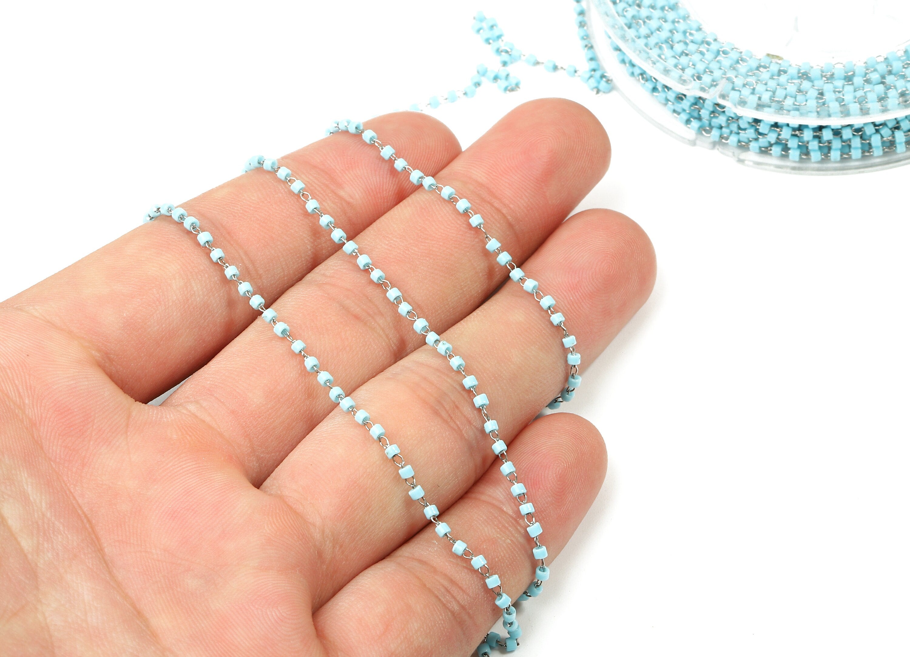 Toho Glass Beaded Chain - Seed Beads Chain - Light Blue Toho Glass Bead - Stainless Steel - Jewelry Making Chain - 1.63mm x 1.44mm - TH1016 - DOMEDBAZAAR