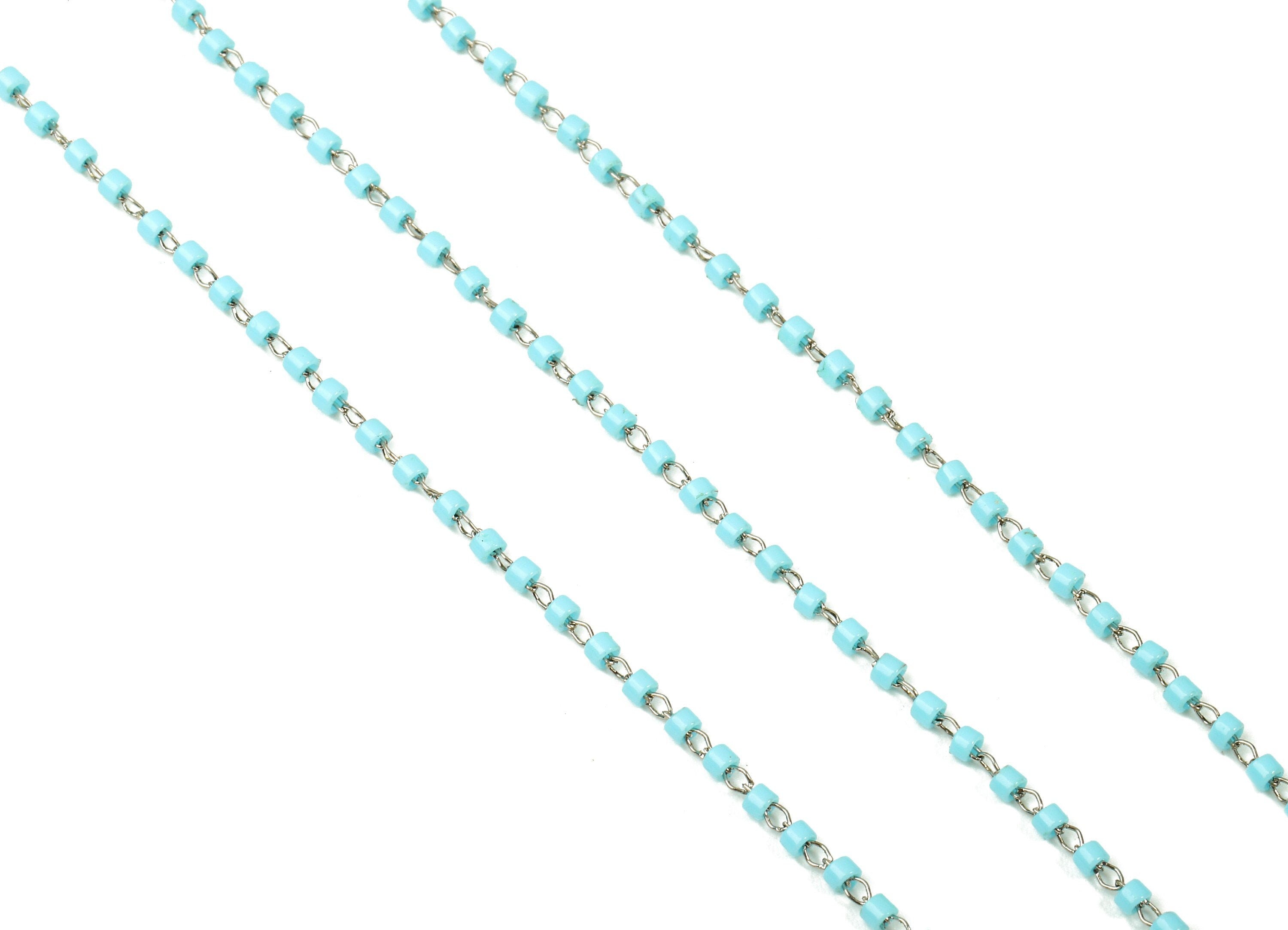 Toho Glass Beaded Chain - Seed Beads Chain - Light Blue Toho Glass Bead - Stainless Steel - Jewelry Making Chain - 1.63mm x 1.44mm - TH1016 - DOMEDBAZAAR