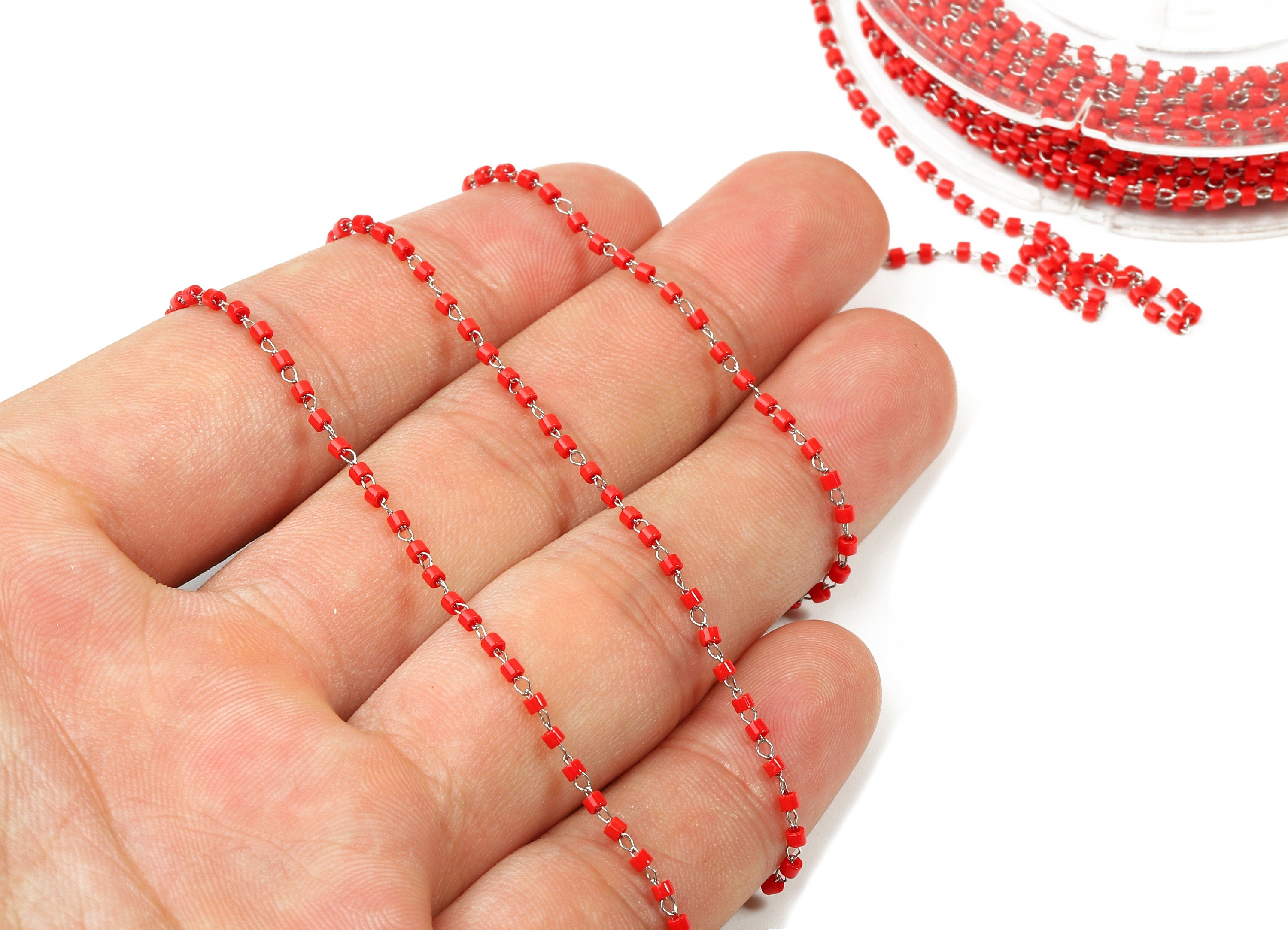 Toho Glass Beaded Chain - Seed Beads Chain - Red Toho Glass Bead - Stainless Steel - Jewelry Making Chain - 1.63mm x 1.44mm - TH1017 - DOMEDBAZAAR