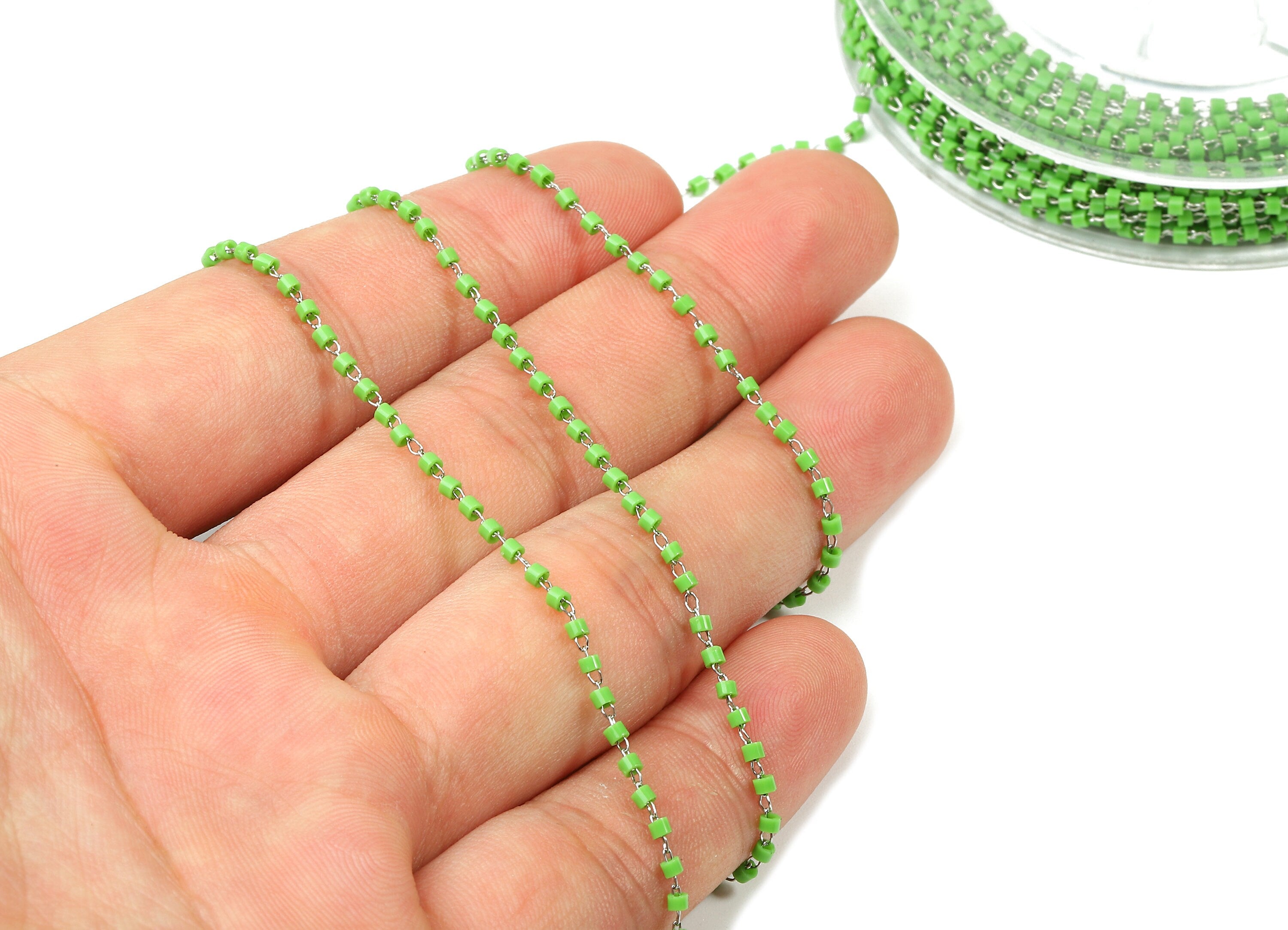 Toho Glass Beaded Chain - Seed Beads Chain - Green Toho Glass Bead - Stainless Steel - Jewelry Making Chain - 1.63mm x 1.44mm - TH1018 - DOMEDBAZAAR