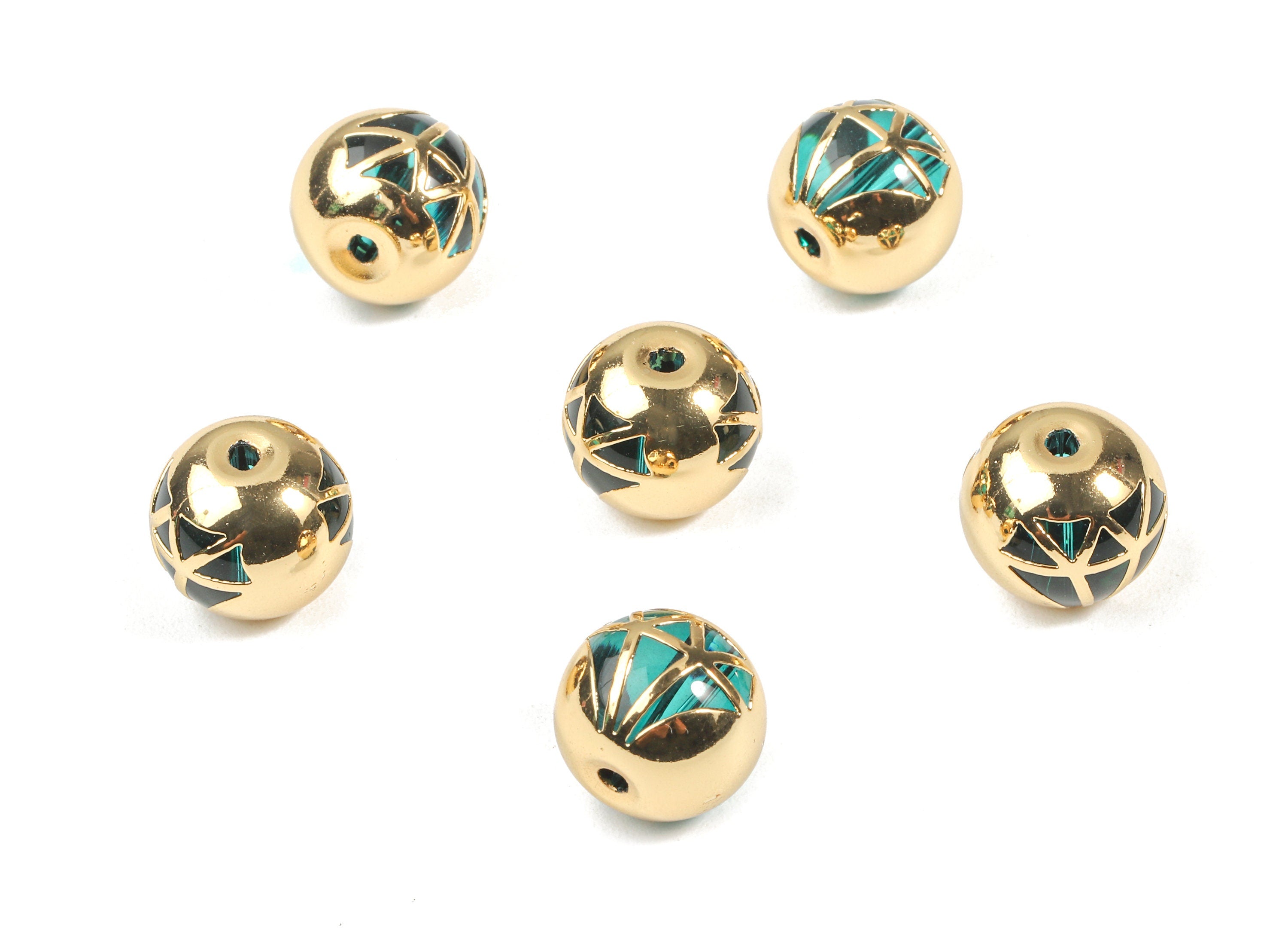 Glass Spacer Ball Beads - Copper And K9 Green Crystal Glass Diamond Beads - 18K Real Gold Plated Copper - 12.23x11.15mm - GS1012G - DOMEDBAZAAR