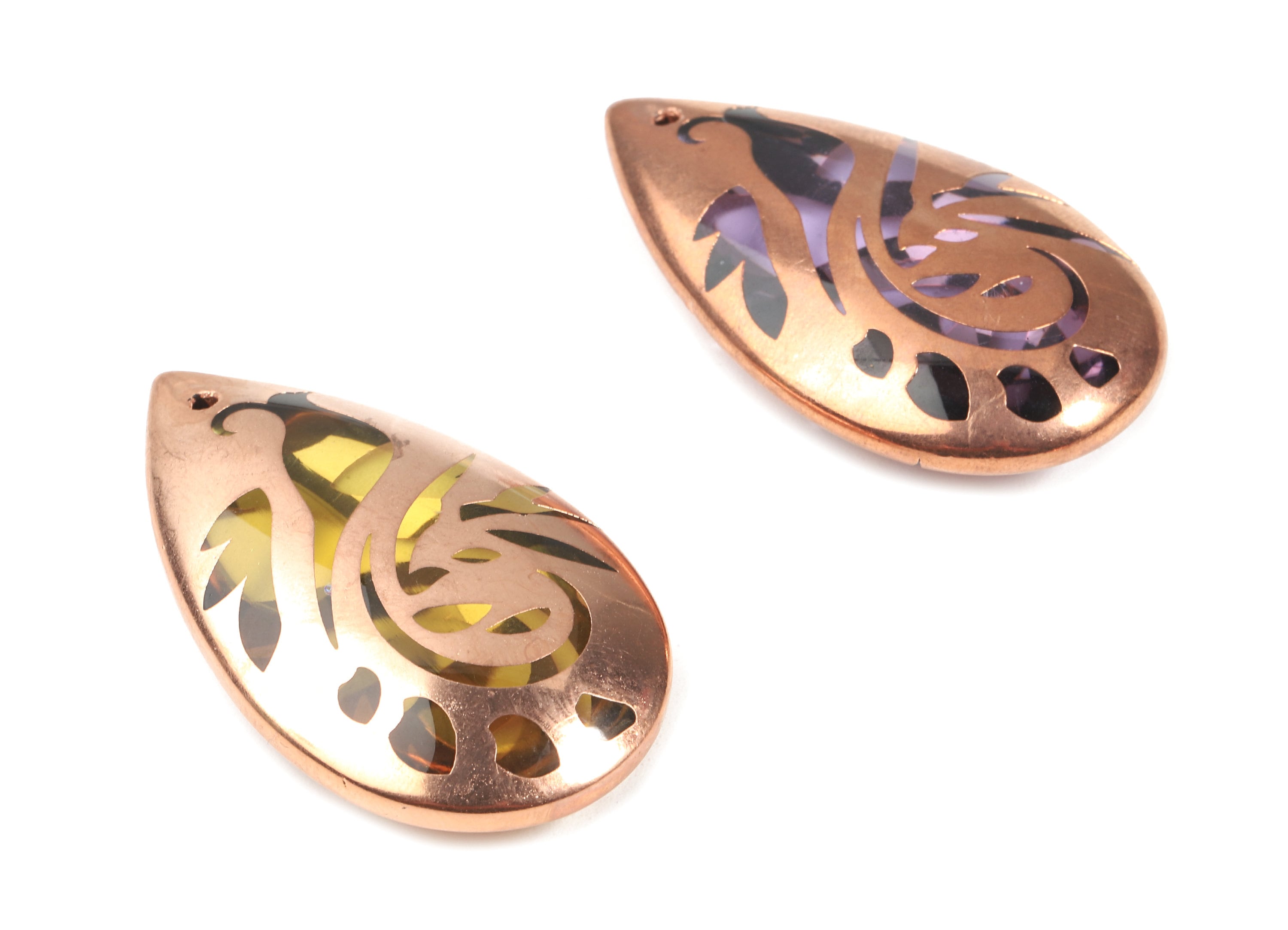Glass Drop Charms - Copper Finished Glass Peacock Pendant - Copper And Glass Charms - Jewelry Supplies - 46.78x26.96x11.52mm - GS1032 - DOMEDBAZAAR