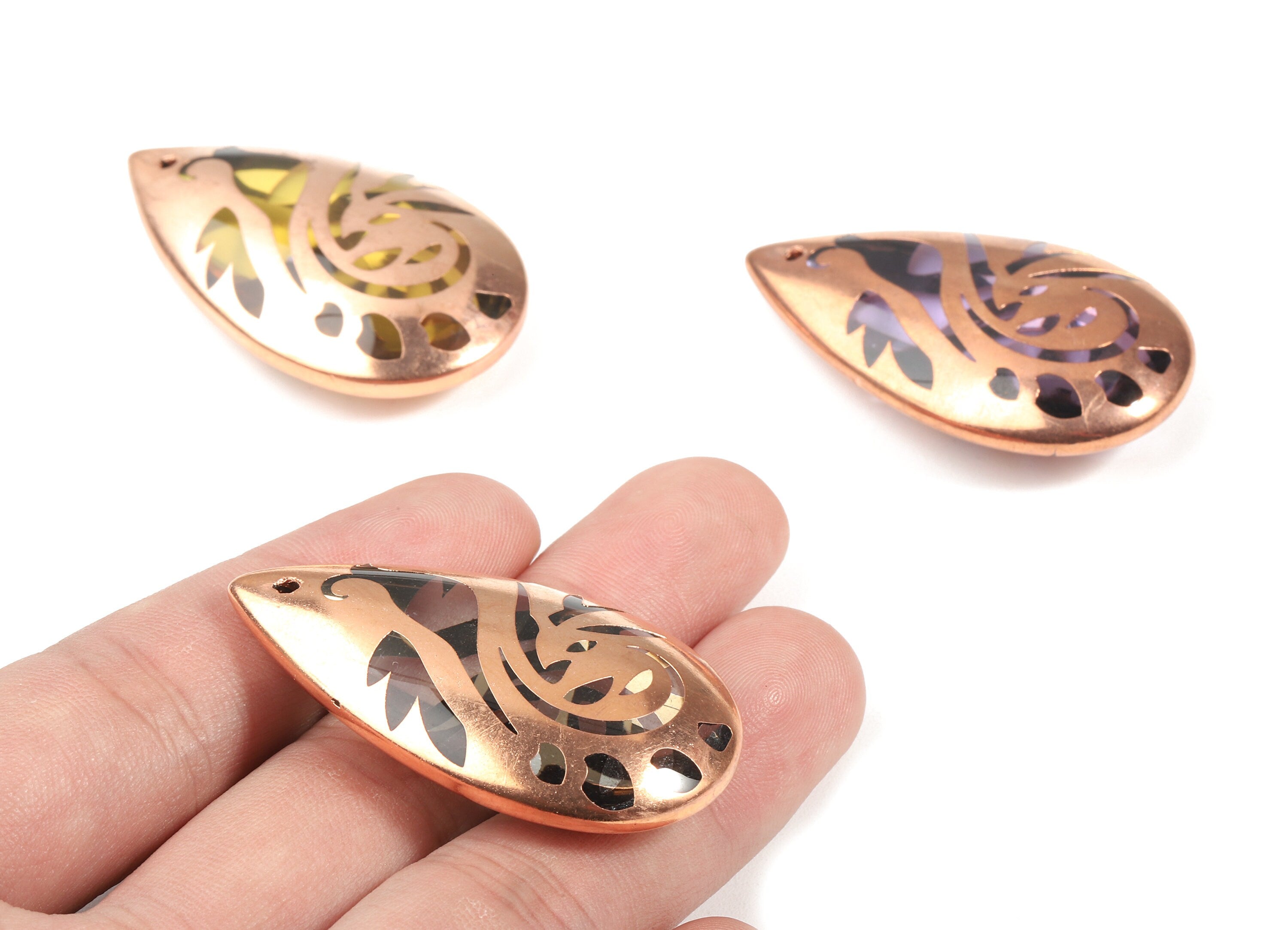 Glass Drop Charms - Copper Finished Glass Peacock Pendant - Copper And Glass Charms - Jewelry Supplies - 46.78x26.96x11.52mm - GS1032 - DOMEDBAZAAR