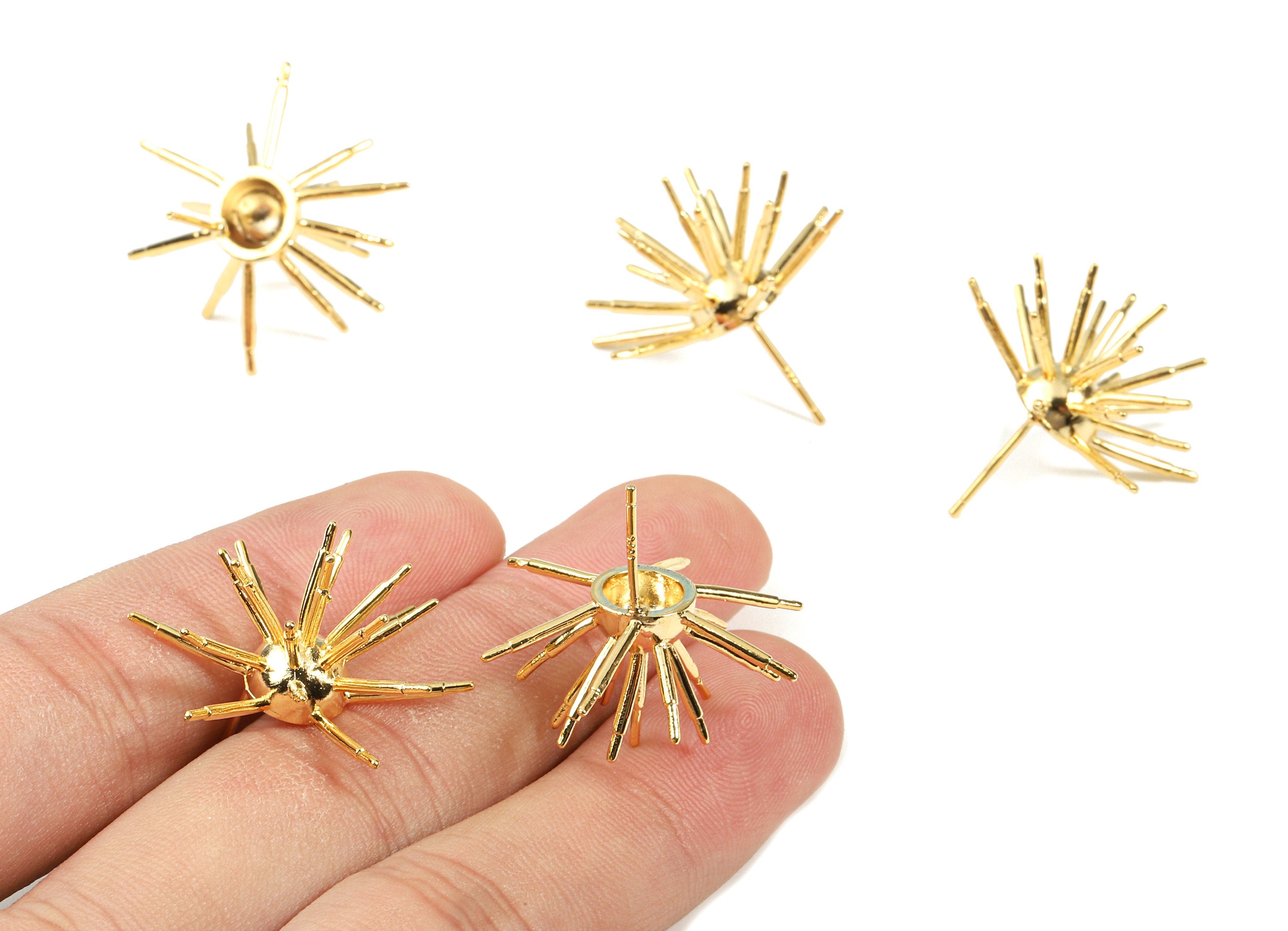Brass Spiky Earring Post - Brass Spike Gold Earrings Stud - 18k Real Gold Plated Brass - Jewelry Supplies - 27.58x14.98x1.32mm - RGP2314 - DOMEDBAZAAR