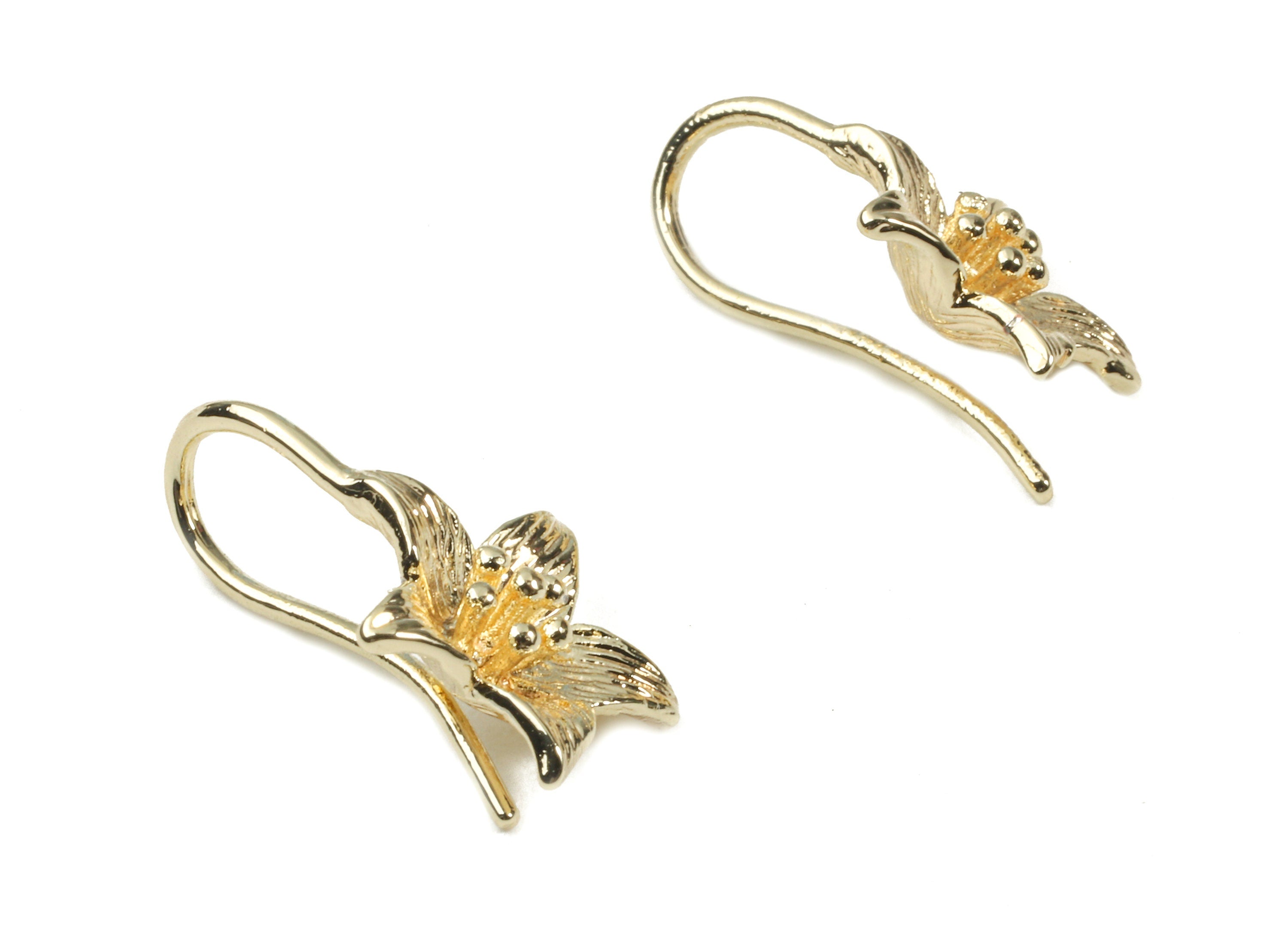 Brass Flower Earring Hooks - Brass Flower Earring Wires - 18K Real Gold Plated Brass - Jewelry Supplies - 15.54x11.3x1.13mm - RGP2343 - DOMEDBAZAAR
