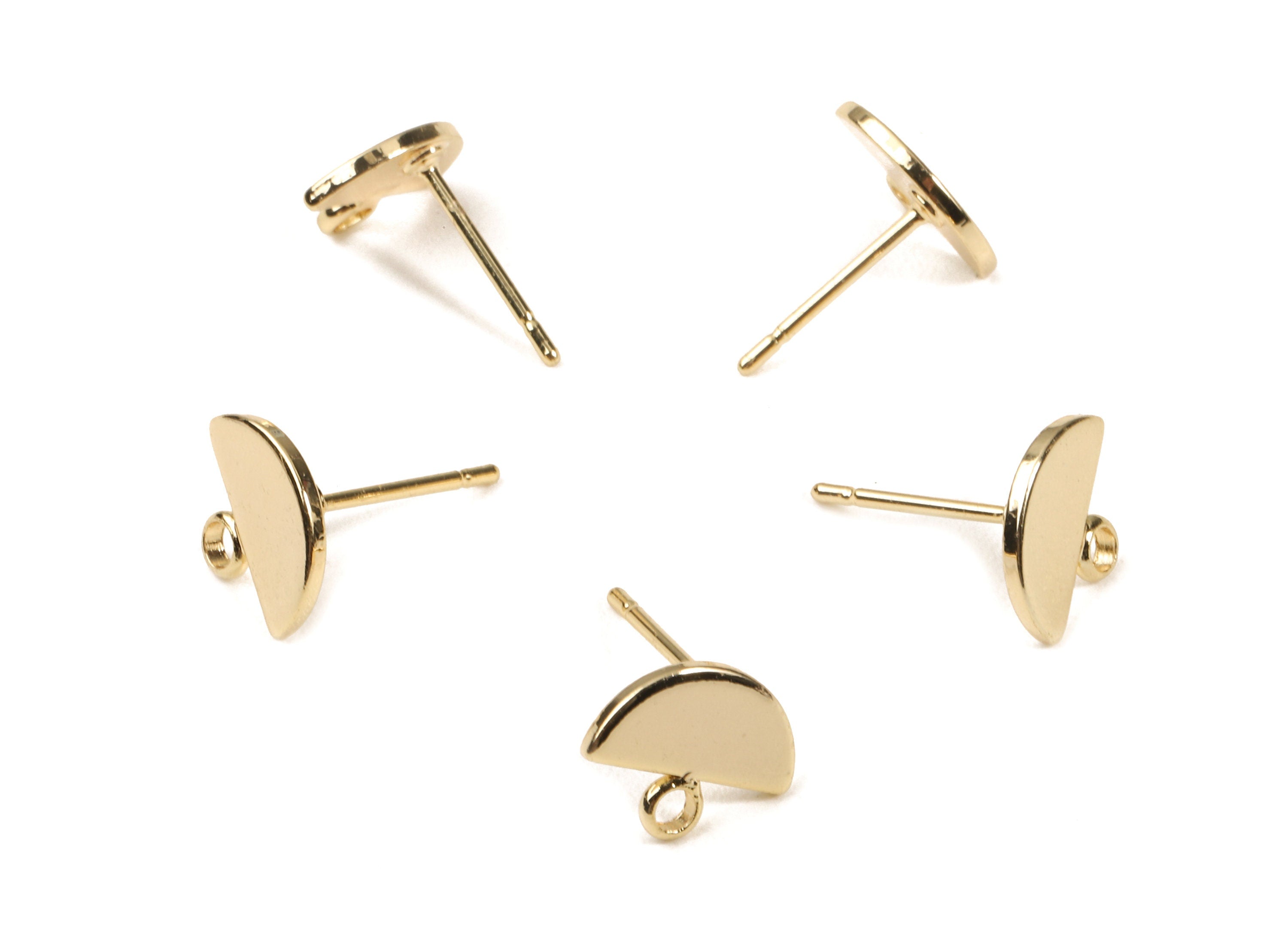 Brass Semicircle Earing Stud - Brass Half Moon Earring Post With Loop - 18K Real Gold Plated Brass - 10x8.06x1.04mm - RGP2309 - DOMEDBAZAAR