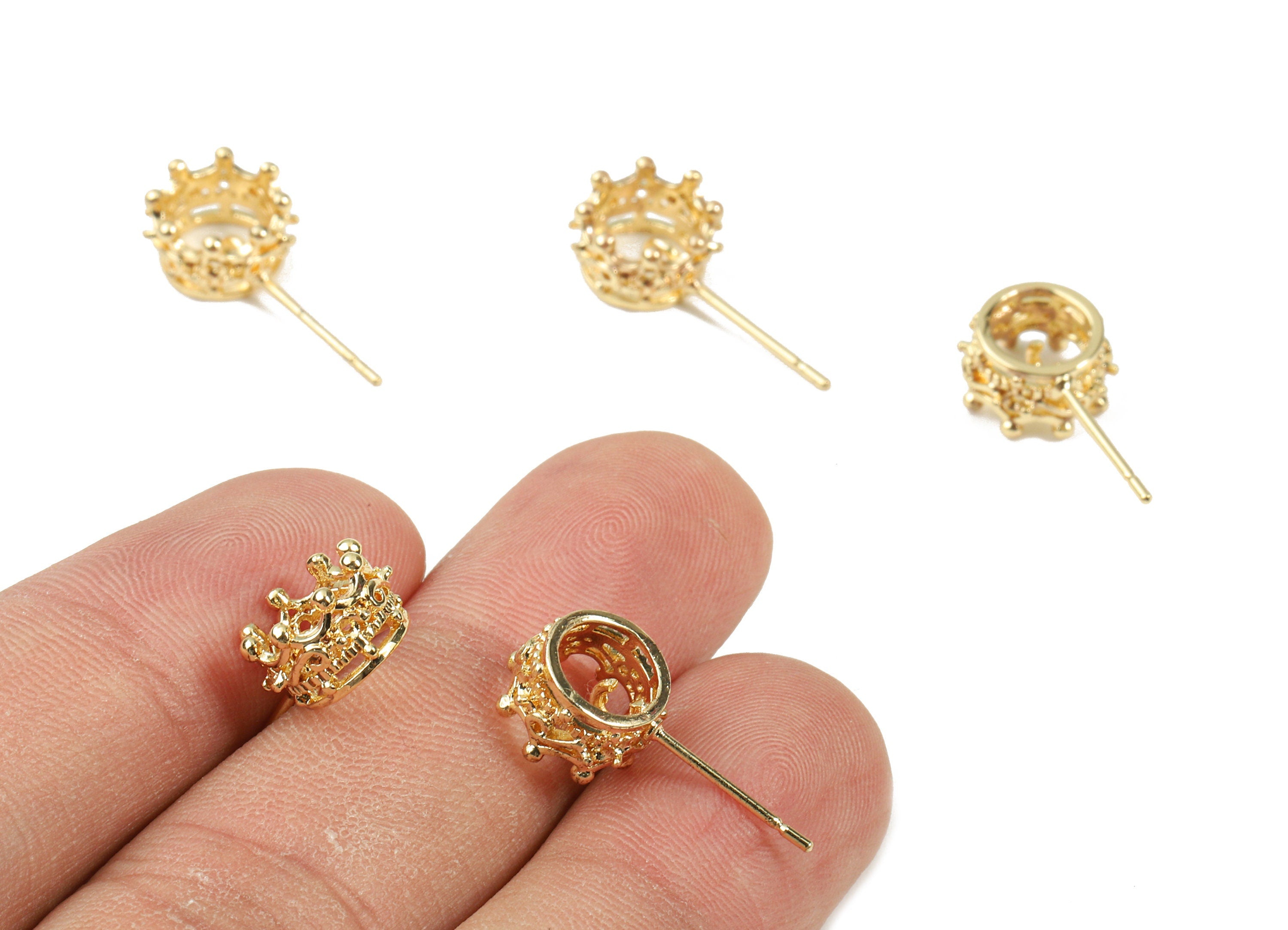 Brass Crown Earing Stud With Loop - Brass Crown Earring Post - 18K Real Gold Plated Brass - Jewelry Supplies - 9.69x5.85x1.18mm - RGP2348 - DOMEDBAZAAR