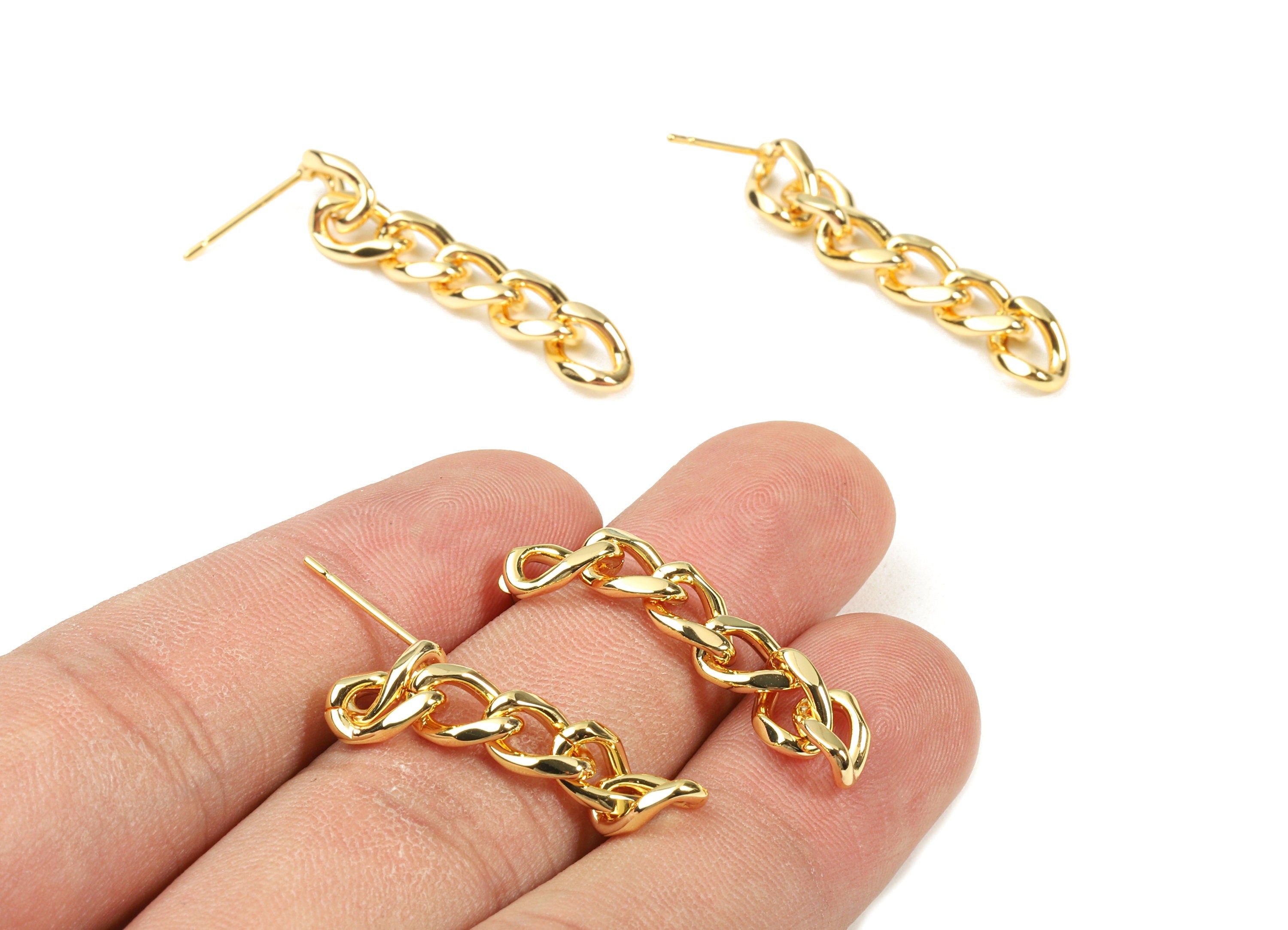 Brass Curb Chain Tassel Earring Stud - Tassel Chain Earring Post - 18K Real Gold Plated Brass - Jewelry Supplies - 35.95x5.7x3.1mm - RGP2337 - DOMEDBAZAAR