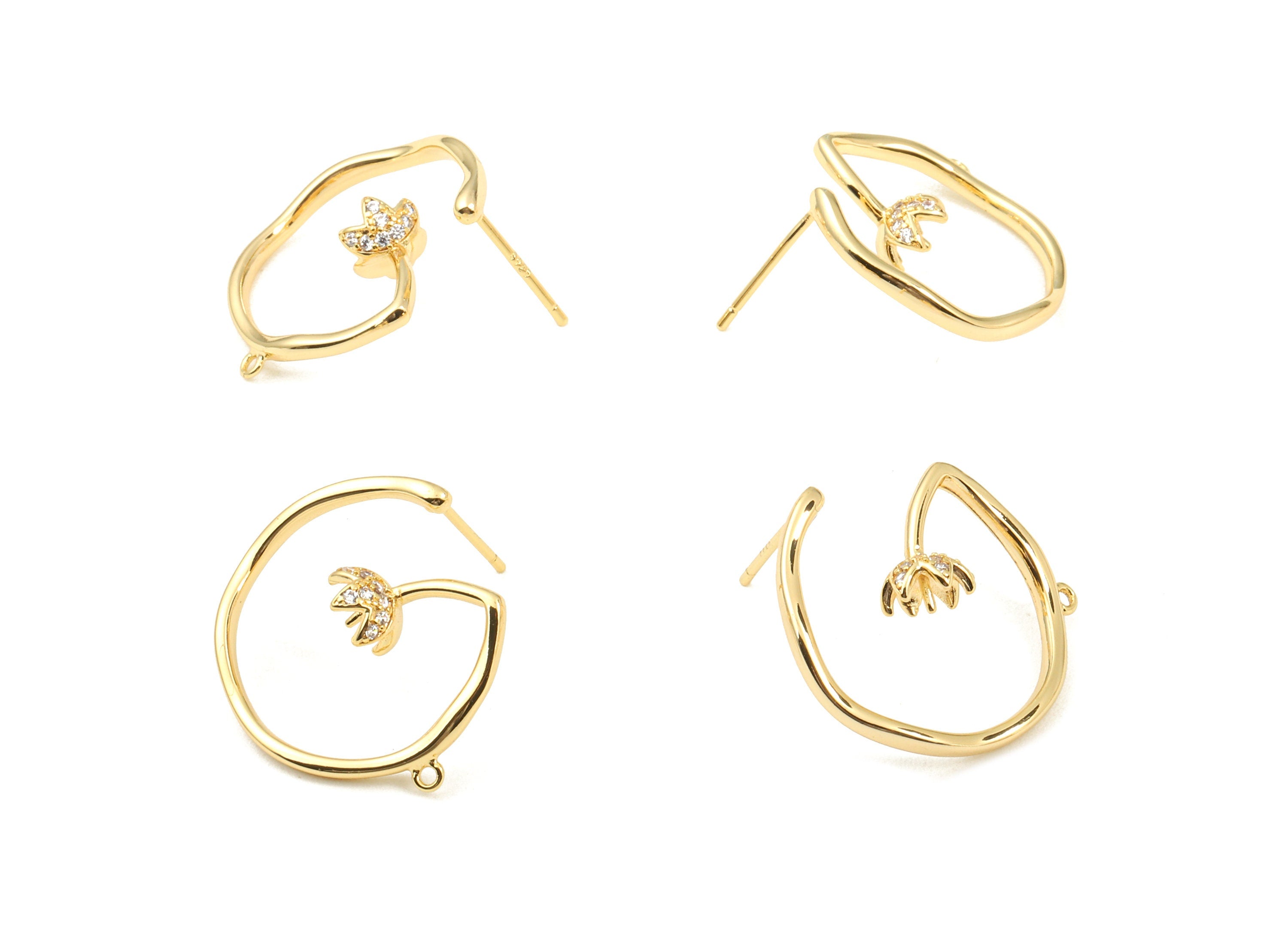 Brass Flower Earring Wire Post With Loop - Zircon Flower Earring Stud - 18K Real Gold Plated Brass - 21.99x19.06x1.15mm - RGP2334 - DOMEDBAZAAR