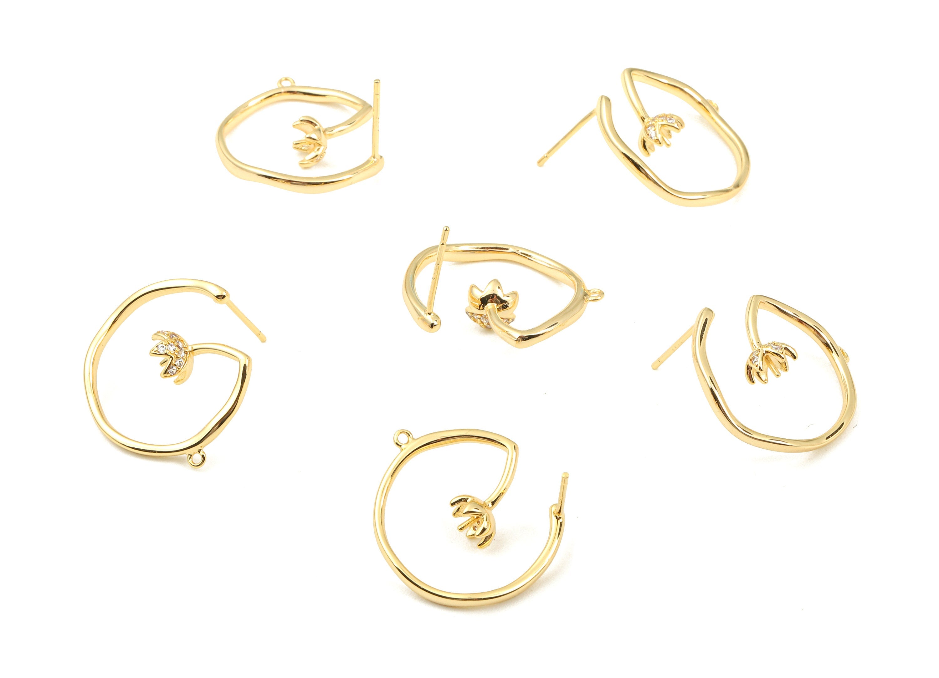 Brass Flower Earring Wire Post With Loop - Zircon Flower Earring Stud - 18K Real Gold Plated Brass - 21.99x19.06x1.15mm - RGP2334 - DOMEDBAZAAR