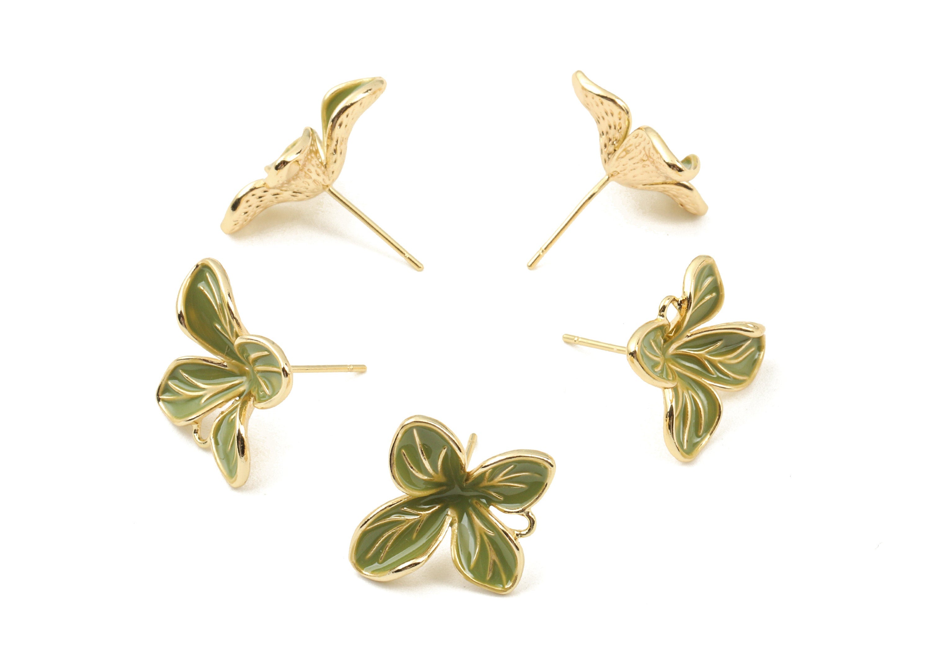 Brass Enamel Flower Earring Stud - Brass Green Enamel Earring Post - 18K Real Gold Plated Brass - Jewelry Supplies - 16.3x16.3x2mm - RGP2333 - DOMEDBAZAAR