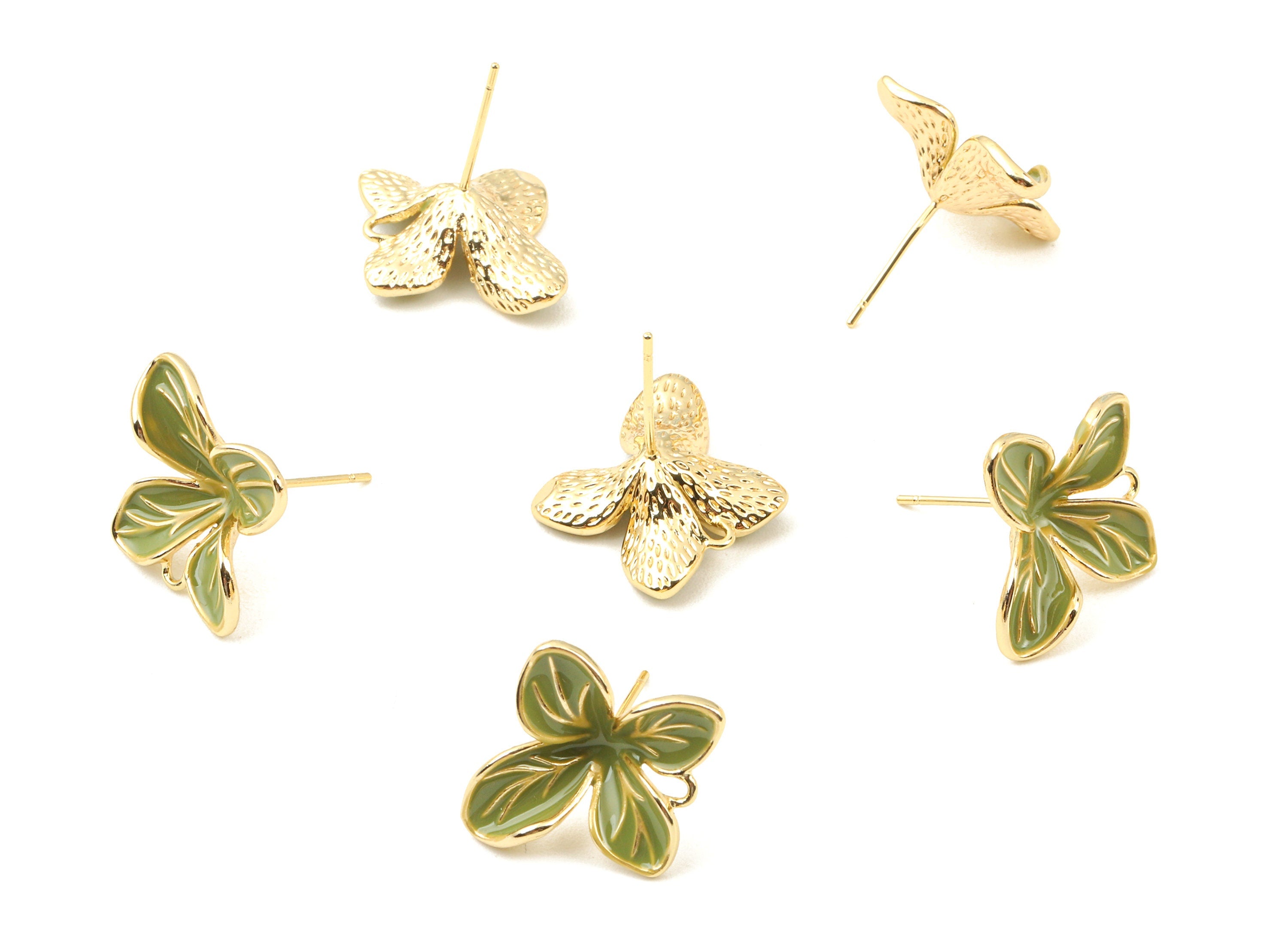 Brass Enamel Flower Earring Stud - Brass Green Enamel Earring Post - 18K Real Gold Plated Brass - Jewelry Supplies - 16.3x16.3x2mm - RGP2333 - DOMEDBAZAAR