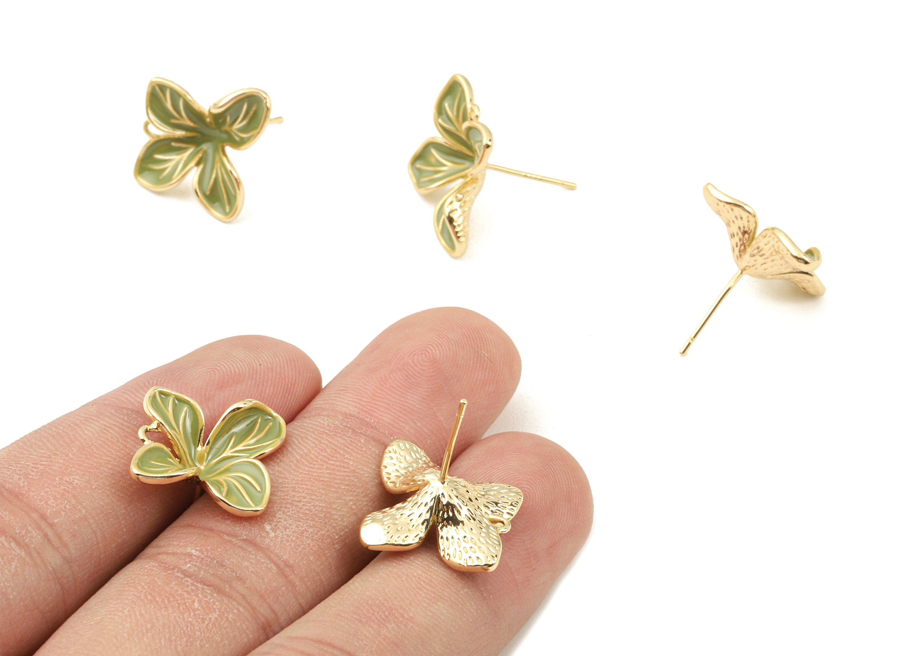 Brass Enamel Flower Earring Stud - Brass Green Enamel Earring Post - 18K Real Gold Plated Brass - Jewelry Supplies - 16.3x16.3x2mm - RGP2333 - DOMEDBAZAAR
