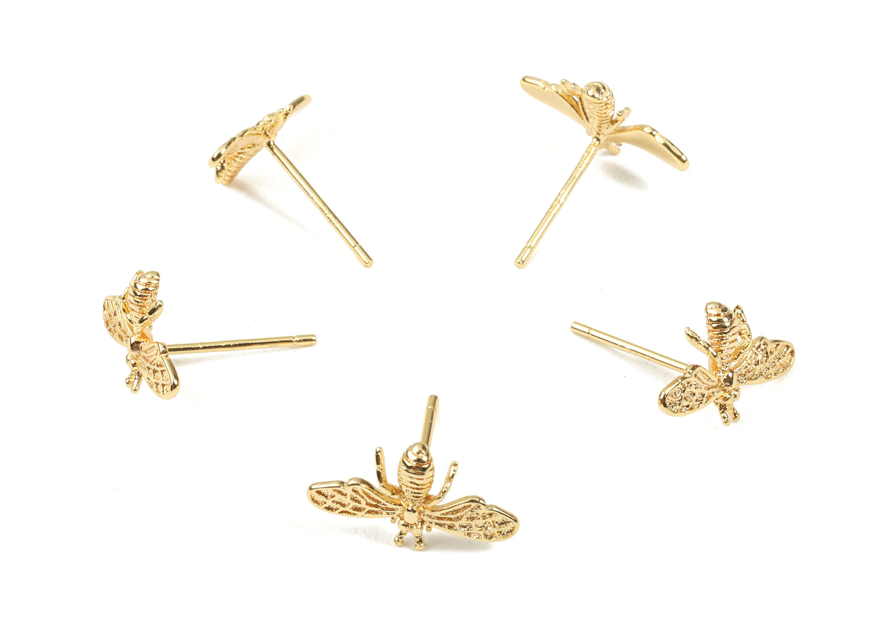 Brass Bee Earring Stud - Brass Beel Earring Post - 18K Real Gold Plated Brass - Jewelry Supplies - 14.41x8.7x1.91mm - RGP2350 - DOMEDBAZAAR