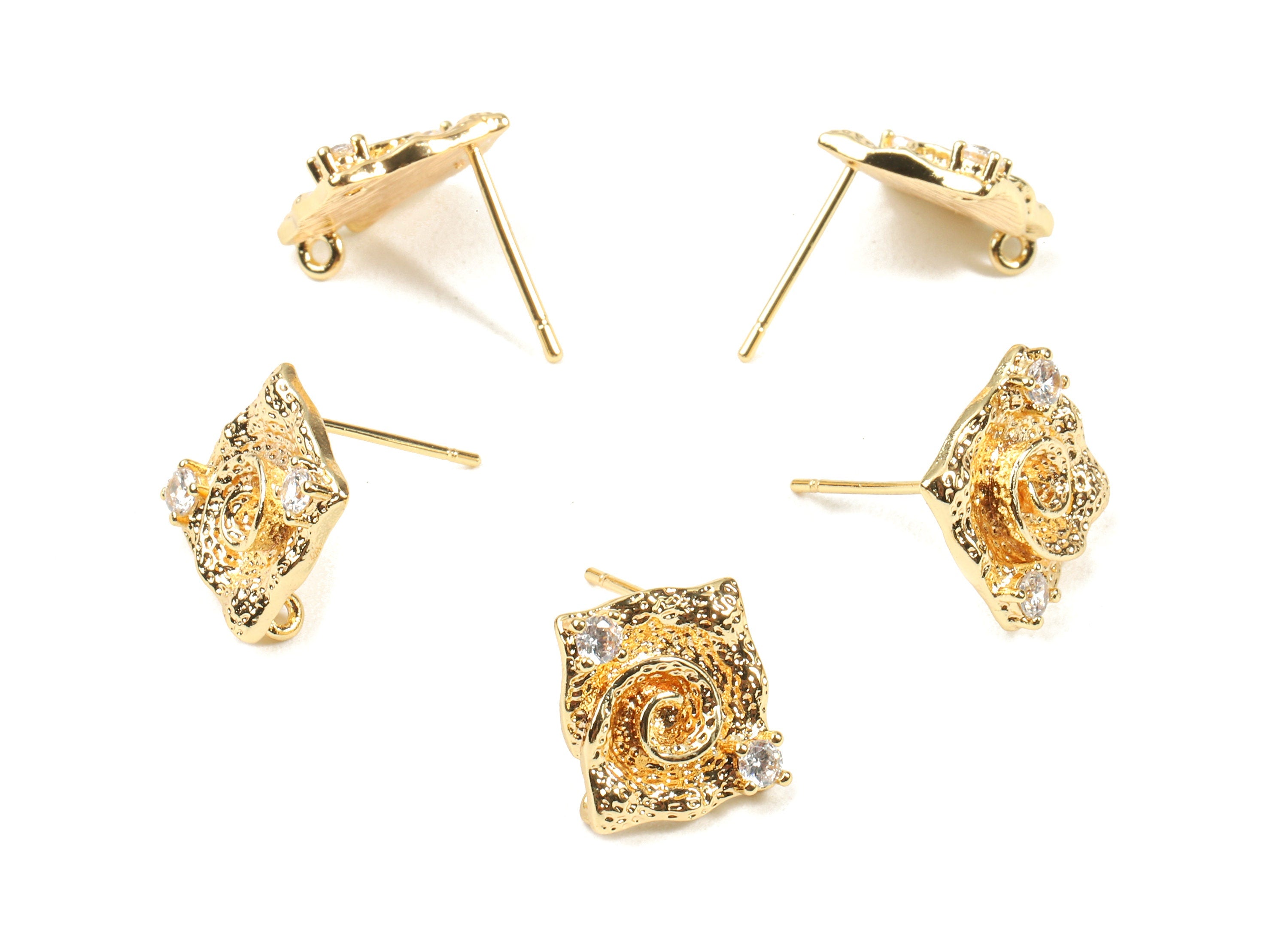Brass Square Earring Stud With Loop - Zircon Square Earring Post - 18K Real Gold Plated Brass - Jewelry Supplies - 11.5x11.5x2.9mm - RGP2332 - DOMEDBAZAAR