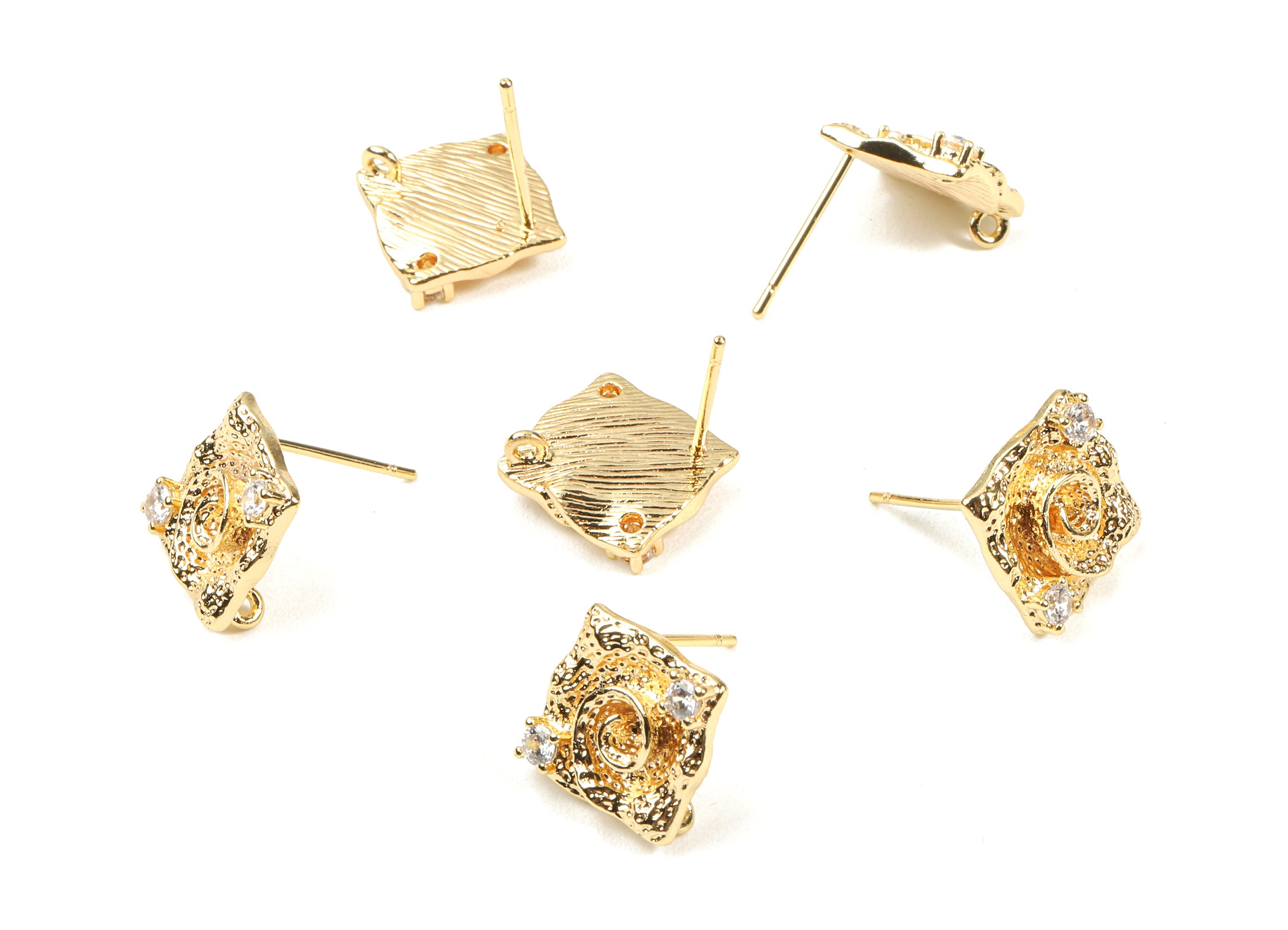 Brass Square Earring Stud With Loop - Zircon Square Earring Post - 18K Real Gold Plated Brass - Jewelry Supplies - 11.5x11.5x2.9mm - RGP2332 - DOMEDBAZAAR