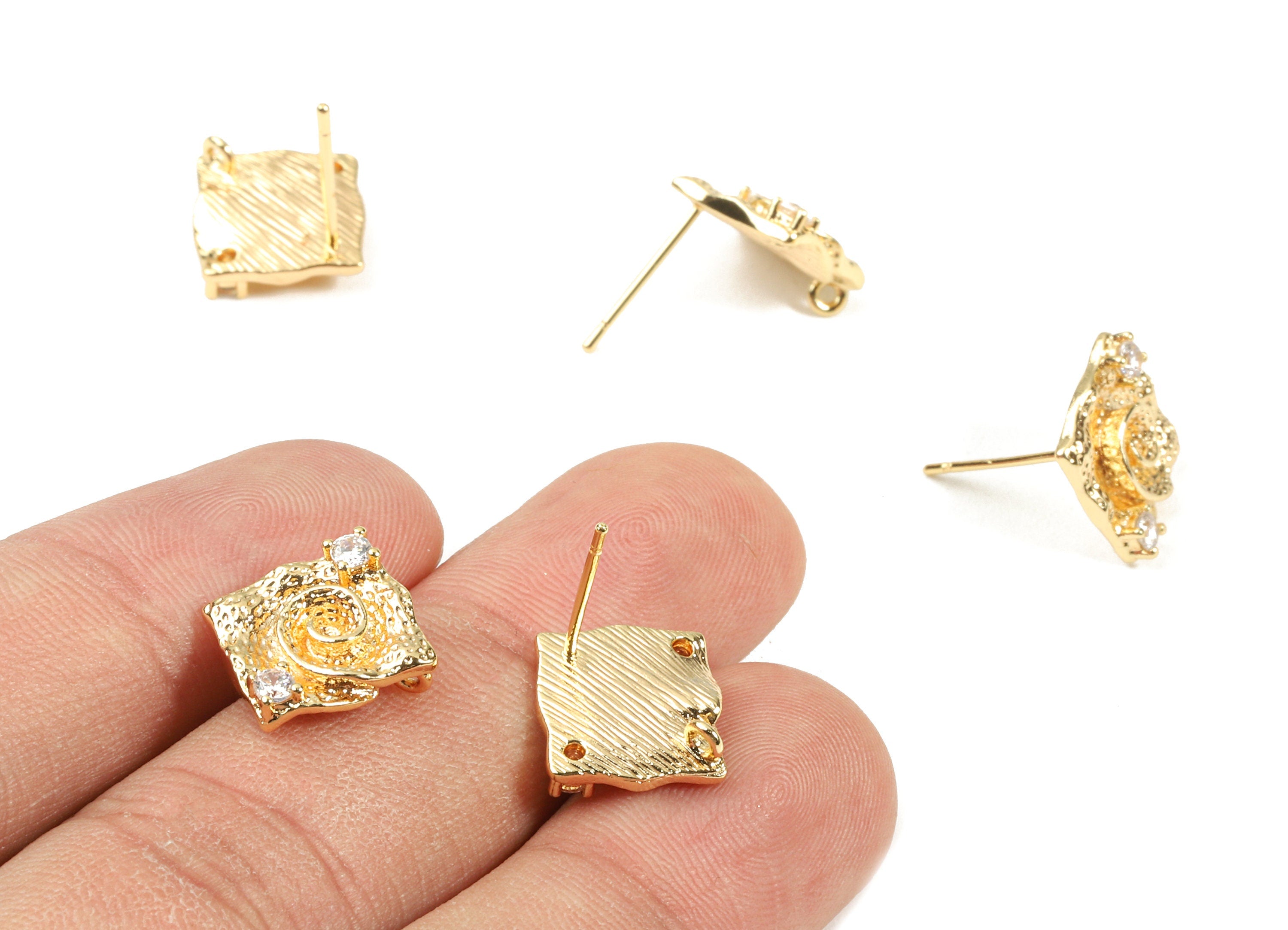Brass Square Earring Stud With Loop - Zircon Square Earring Post - 18K Real Gold Plated Brass - Jewelry Supplies - 11.5x11.5x2.9mm - RGP2332 - DOMEDBAZAAR