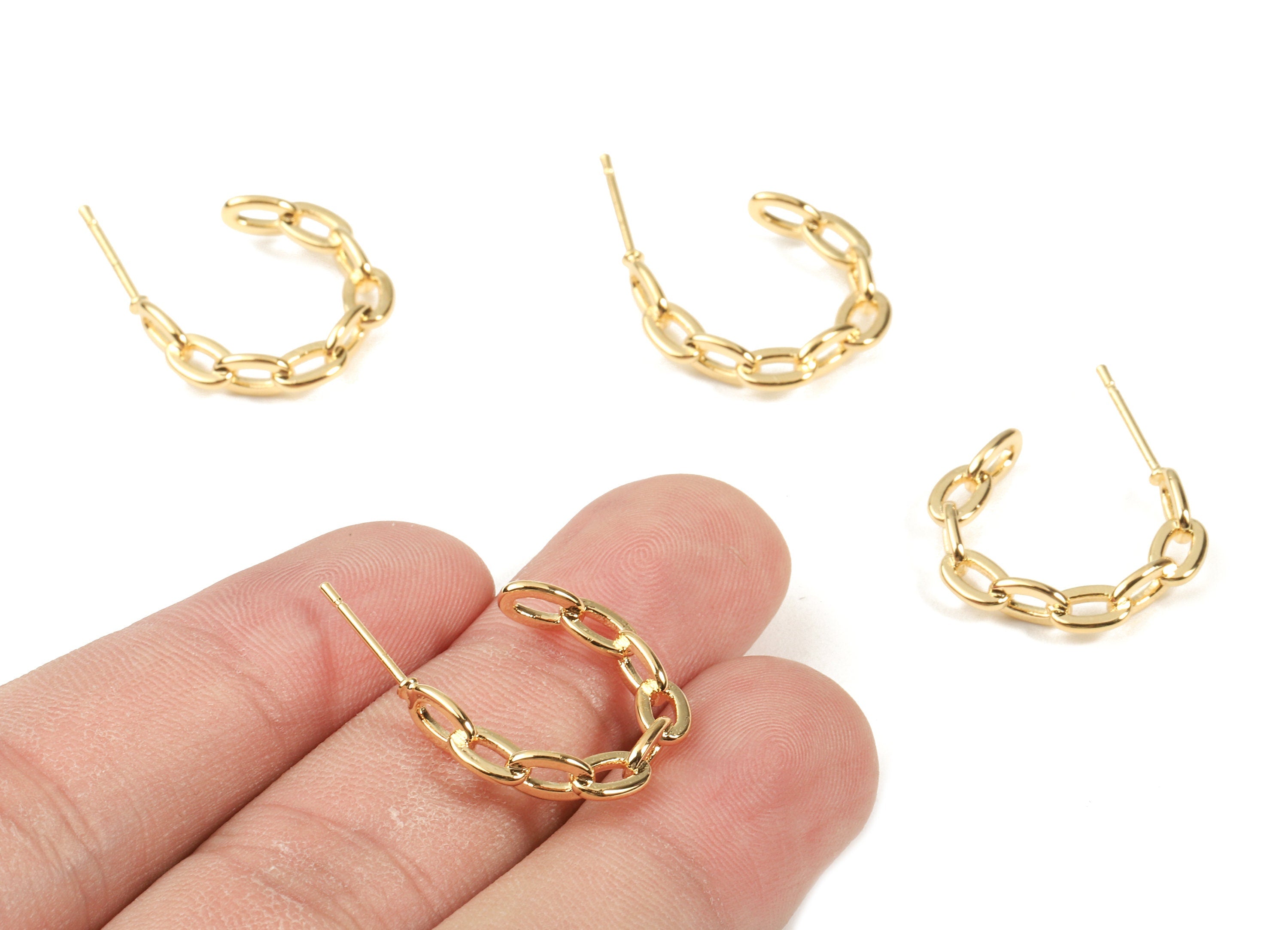 Brass Cable Chain C Earring Stud - Brass C Earring Post  - 18K Real Gold Plated Brass - Jewelry Supplies - 22.01x4.07x1.22mm - RGP2308 - DOMEDBAZAAR