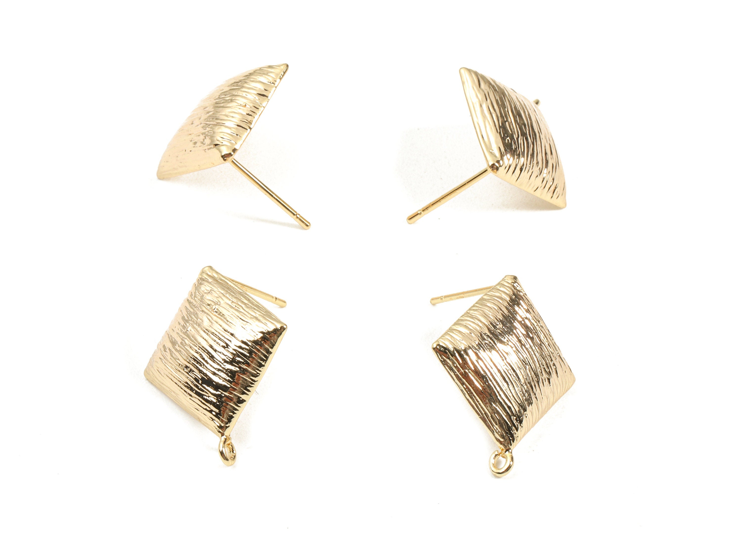 Brass Square Earring Stud With Loop - Brass Textured Square Earring Post - 18K Real Gold Plated Brass - 21.06x15.27x1.67mm - RGP2341 - DOMEDBAZAAR