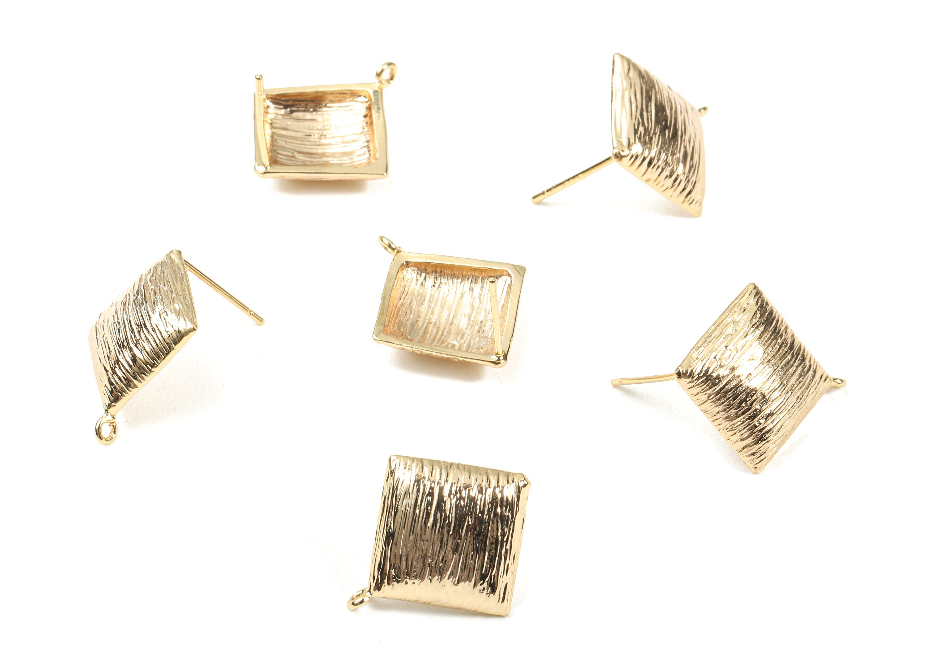 Brass Square Earring Stud With Loop - Brass Textured Square Earring Post - 18K Real Gold Plated Brass - 21.06x15.27x1.67mm - RGP2341 - DOMEDBAZAAR